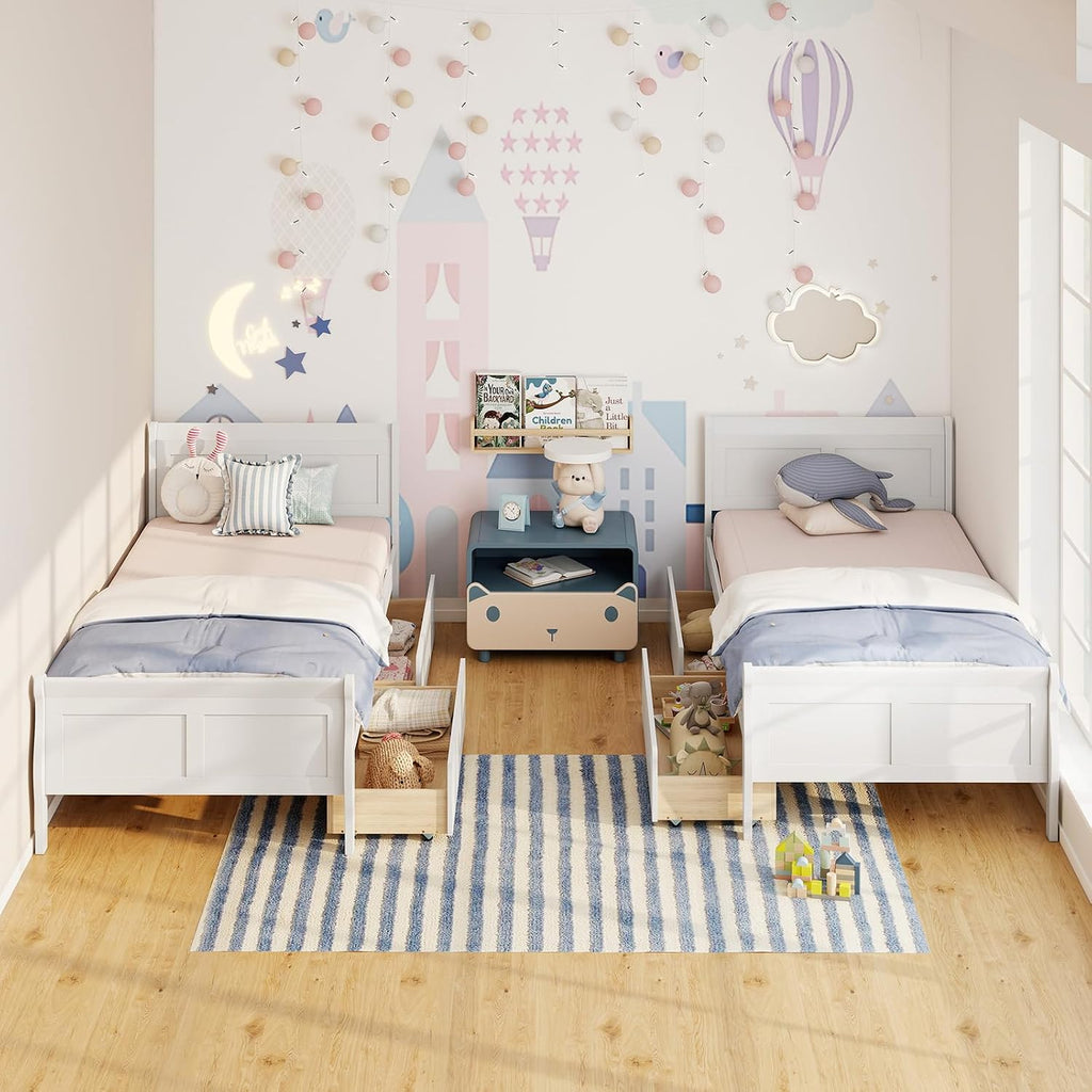 KOMFOTT Twin Bed with 2 Drawers, Twin Storage Bed with Headboard & Footboard, Sleigh Wood Bed Frame with Wooden Slats Support for Kids, Teens, Adults, No Box Spring Needed