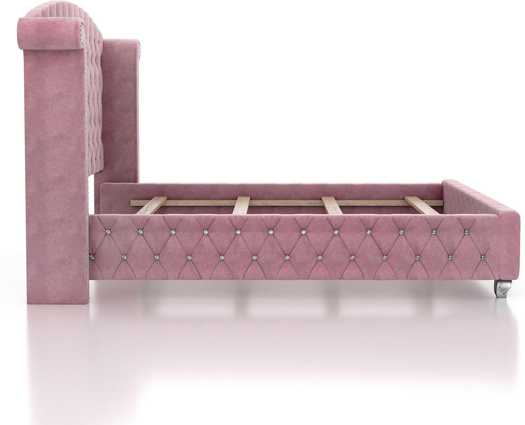 Furniture of America FOA Cyndi 3pc Pink Fabric Bedroom Set- Full + 2 Nightstands and Care Kit