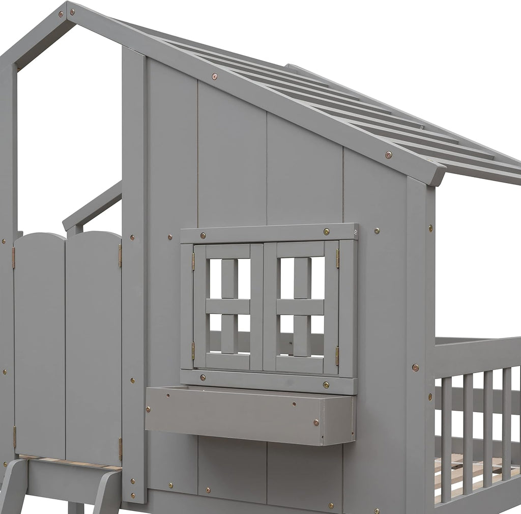 Polibi House Bunk Bed, Twin Over Twin with Roof, Window & Door, 2 Small Window Box Shelves,Safety Guardrails & Ladder, Low-Height Kids Playhouse Bed,Grey