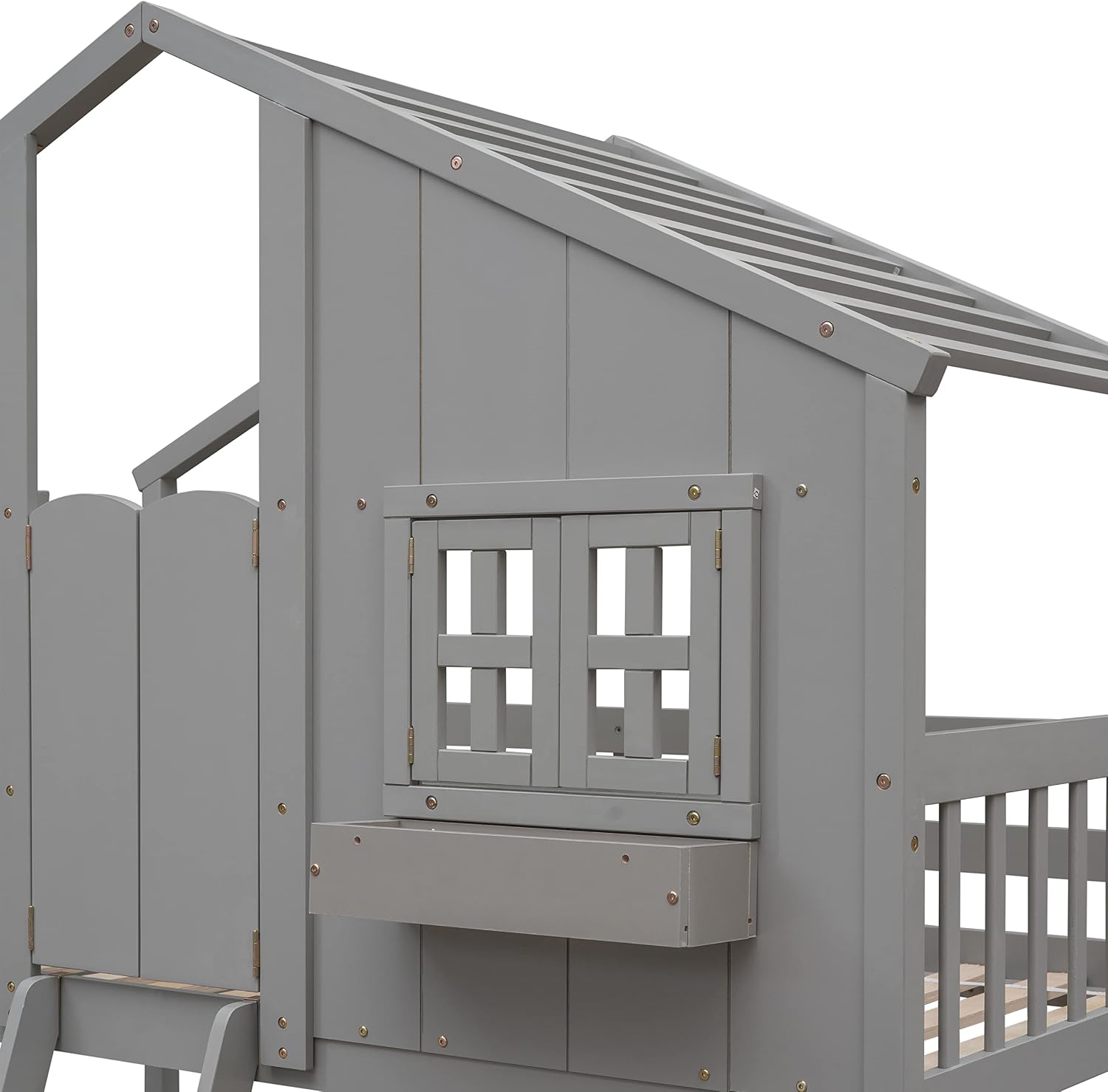 Polibi House Bunk Bed, Twin Over Twin with Roof, Window & Door, 2 Small Window Box Shelves,Safety Guardrails & Ladder, Low-Height Kids Playhouse Bed,Grey