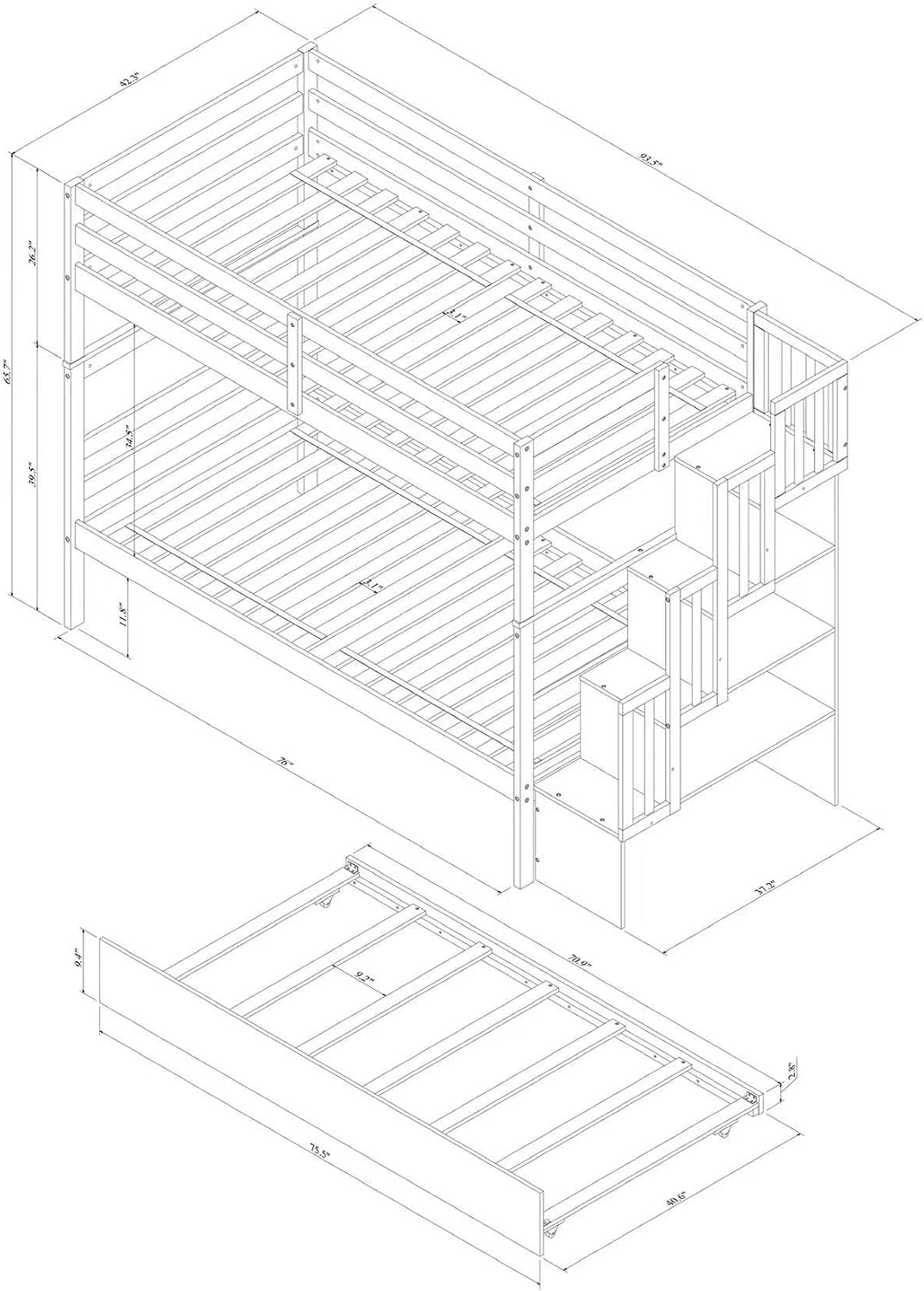 Ball & Cast Twin Over Twin Bunk Beds with Trundle,Wood Bedframe W/Safty Guardrail & Stairway Storage,No Box Spring Needed,Easy Assembly,Multiple Functional Bedroom Furniture for Boy Girl Teens,White