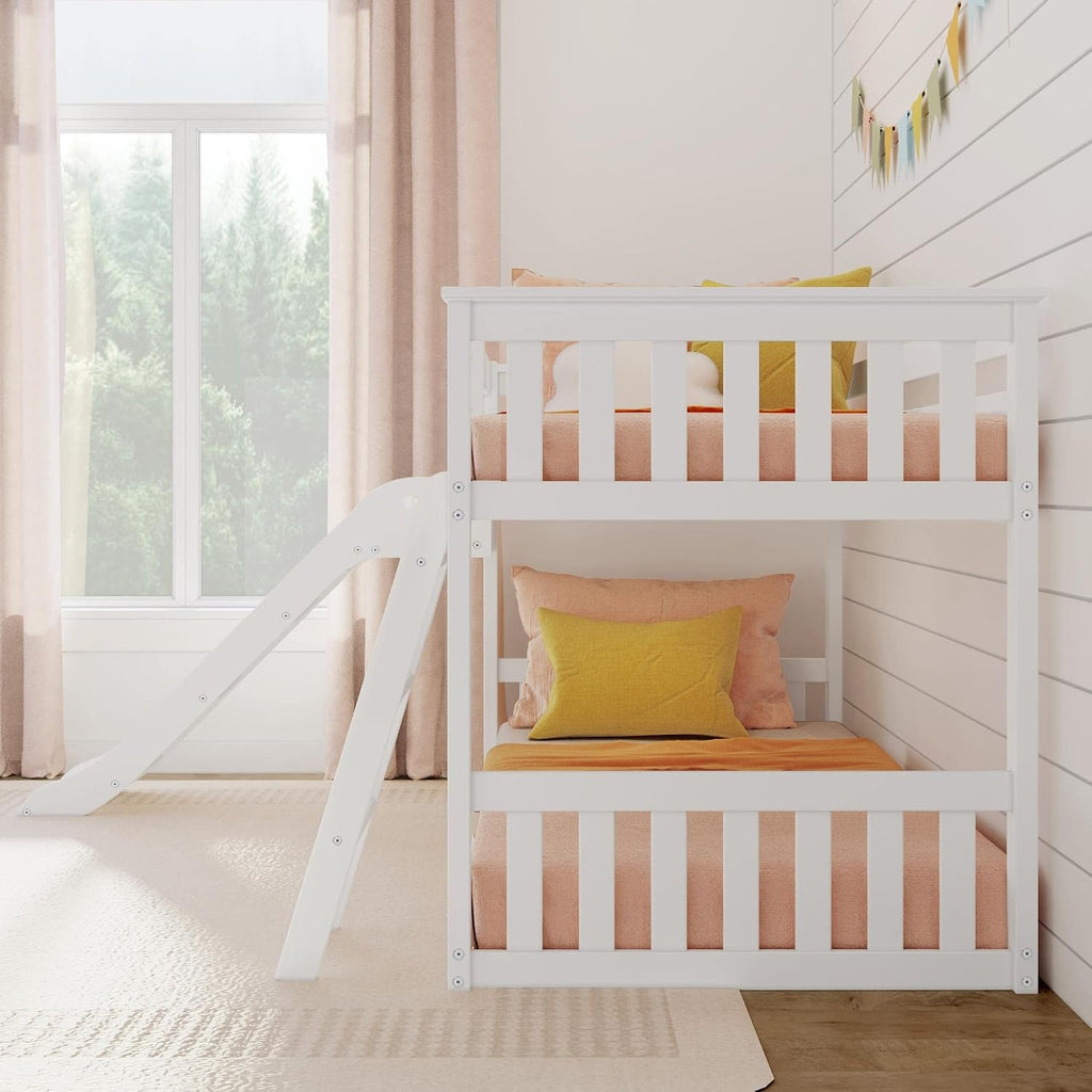 Max & Lily Solid Wood Twin Over Twin Size Low Bunk Beds for Kids with Slide and Ladder, 400 lbs Weight Capacity, 14' Safety Guardrail, Anti-Slip Steps, White