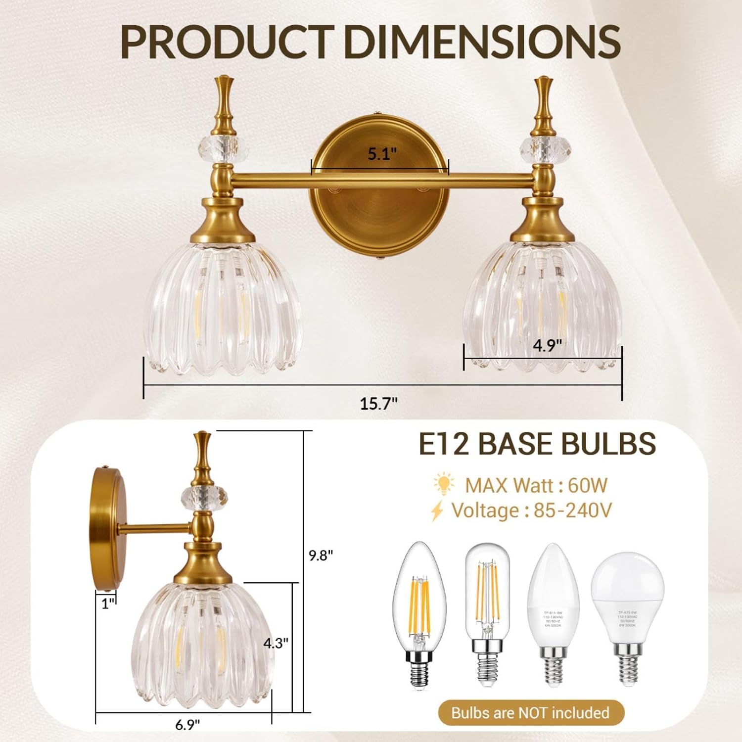 ANDY STAR Transitional 2-Light Bathroom Vanity Light, Brushed Gold Wall Sconce, Tulip Ribbed Glass with Crystal Accent, Reversible Mounting