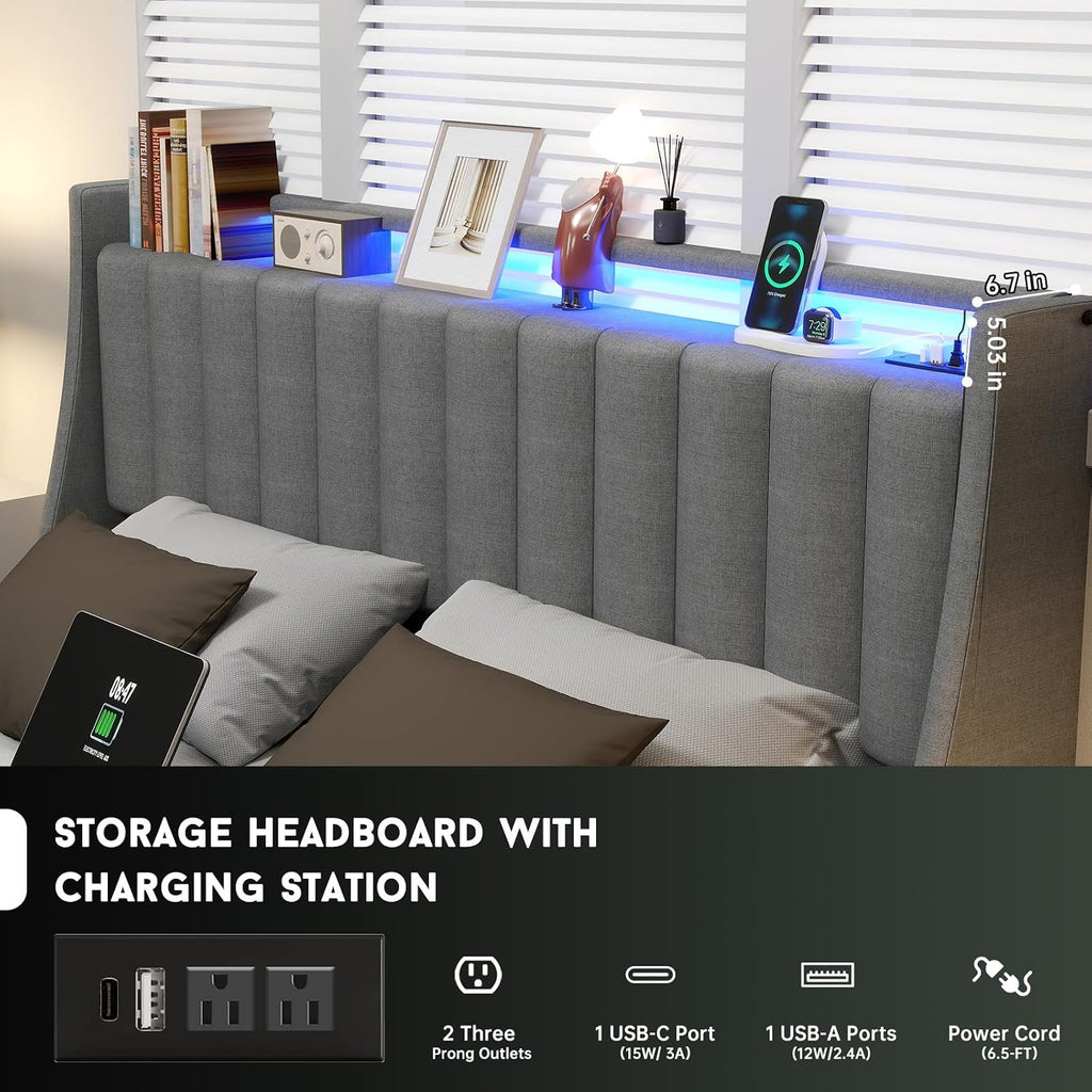 UINTAI Full Size Bed Frame with Headboard and 2 Storage Drawers, Platform Full Size Bed Upholstered with LED Lights and Charging Station, Steel Slat Support, No Box Spring Needed, Easy Assembly, Gray