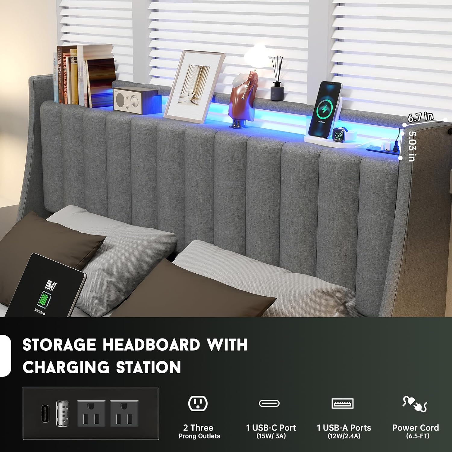 Queen Bed Frame with Headboard and 2 Storage Drawers, Platform Bed Frame Queen Size Upholstered with LED Lights and Charging Station, Steel Slat Support, No Box Spring Needed, Easy Assembly, Gray