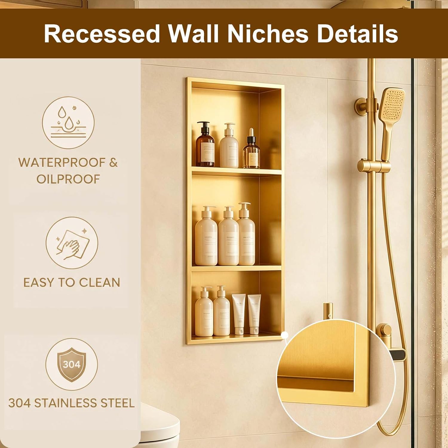 SaniteModar Shower Niche, Stainless Steel Shower Niche No Tile Needed, Recessed for Bathroom Storage (Brushed Gold, 12' x 30')