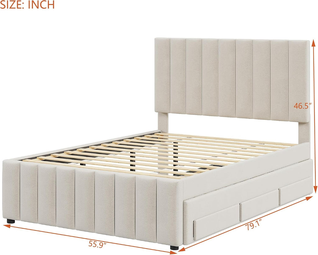 Merax Full Size Upholstered Platform Bed with Trundle and 3 Storage Drawers, Full Bed Frame & Tall Stripe Headboard for Bedroom, Solid Wood Slats Support, No Box Spring Needed, Easy Assembly, Beige