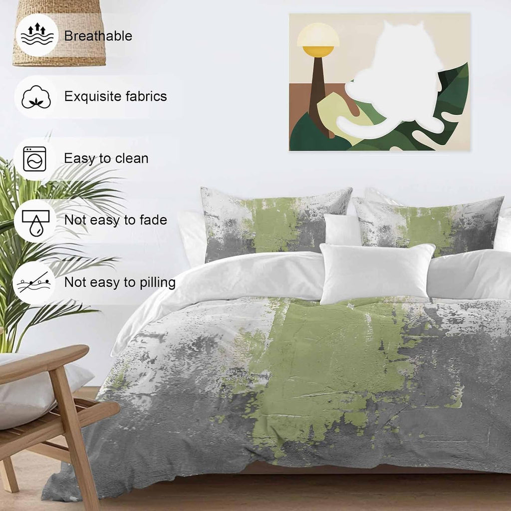 Abstract Art Duvet Cover Set Queen Size 4 Pieces Green Grey Wall Mottled Texture Minimalist Modern Bedding Set with Zipper Closure, 1 Comforter Cover 86x86 Inches 1 Flat Sheet & 2 Pillow Cases