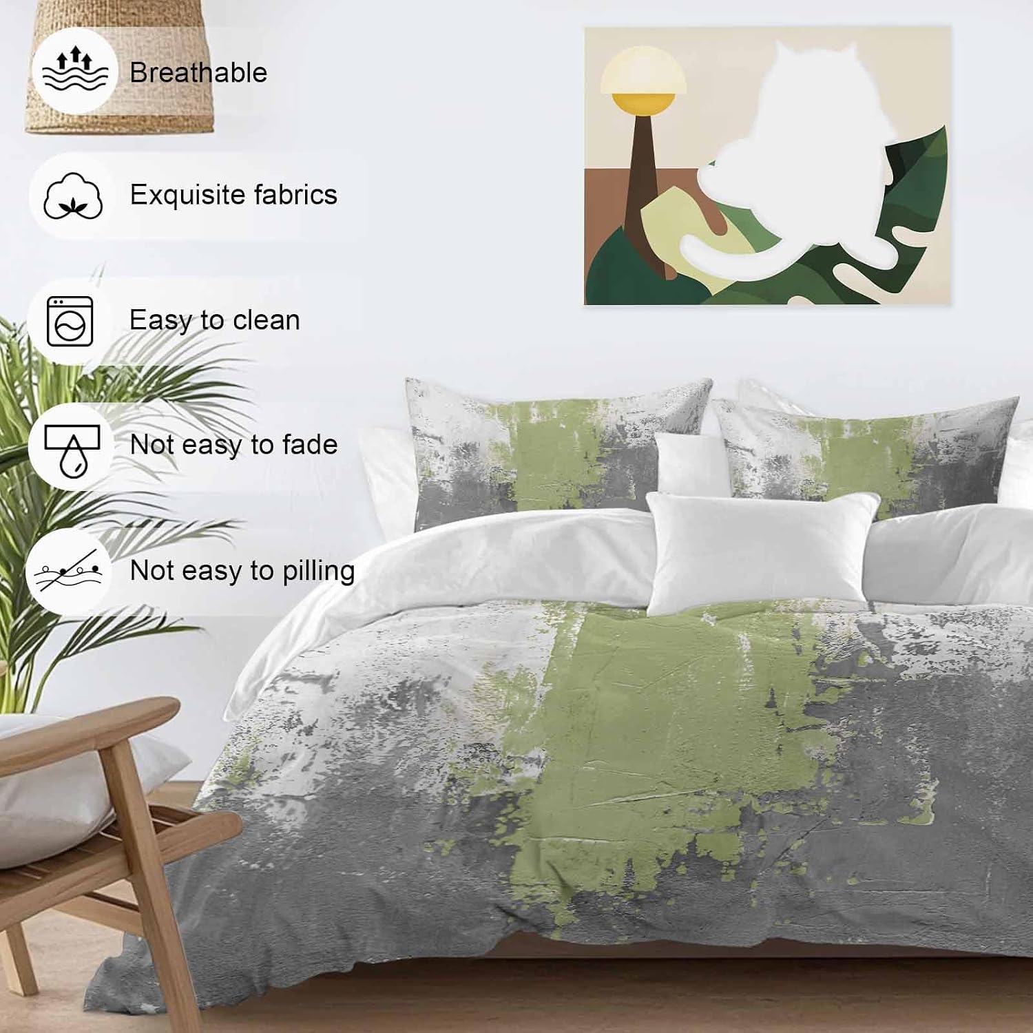 Abstract Art Duvet Cover Set Queen Size 4 Pieces Green Grey Wall Mottled Texture Minimalist Modern Bedding Set with Zipper Closure, 1 Comforter Cover 86x86 Inches 1 Flat Sheet & 2 Pillow Cases