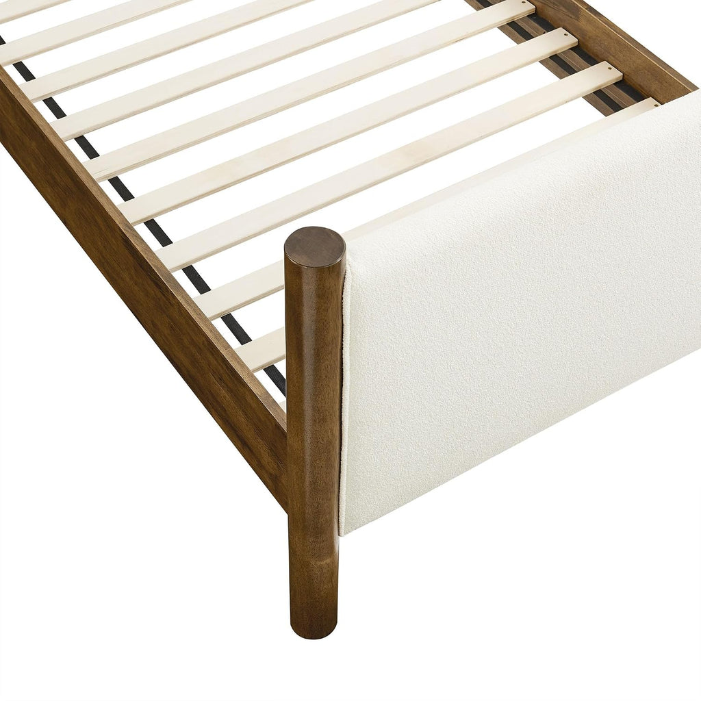 Modway Maven Twin Size Bed Frame in Feather Walnut with Upholstered Boucle Headboard and Footboard – Wood Twin Platform Bed Frame – No Box Spring Needed