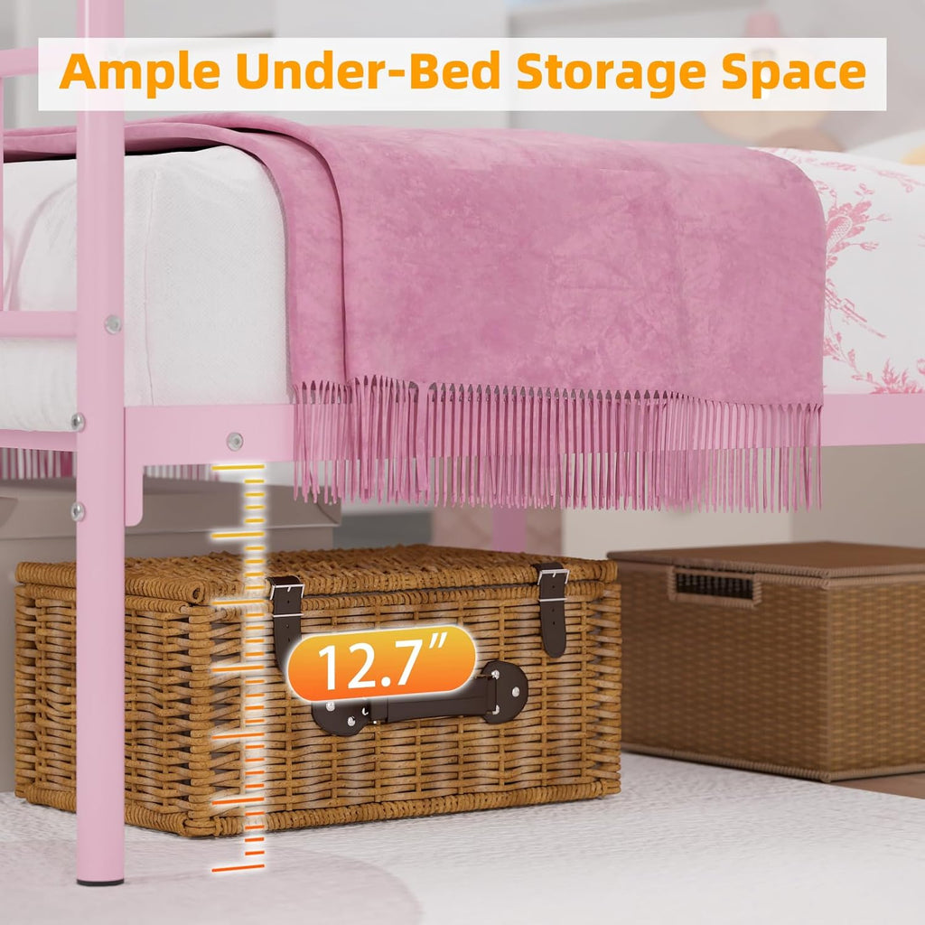 Weehom Twin Canopy Bed Frame with Headboard and Footboard, 4 Posters Metal Bed Frame, No Box Spring Needed, Mattress Foundation Platform Bed for Kids and Adults, Pink