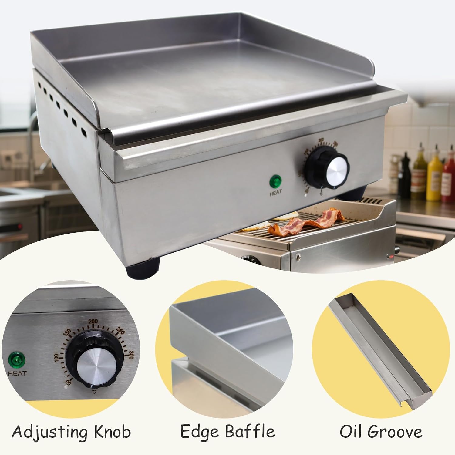 INTSUPERMAI Commercial Grill Griddle Teppanyaki Grill Countertop Griddle Flat Top Grill Hot Plate Stove with 12.6×10.24in/320×260mm Plate Size 50℃-300℃ Temperature Adjustable 110V 1200W