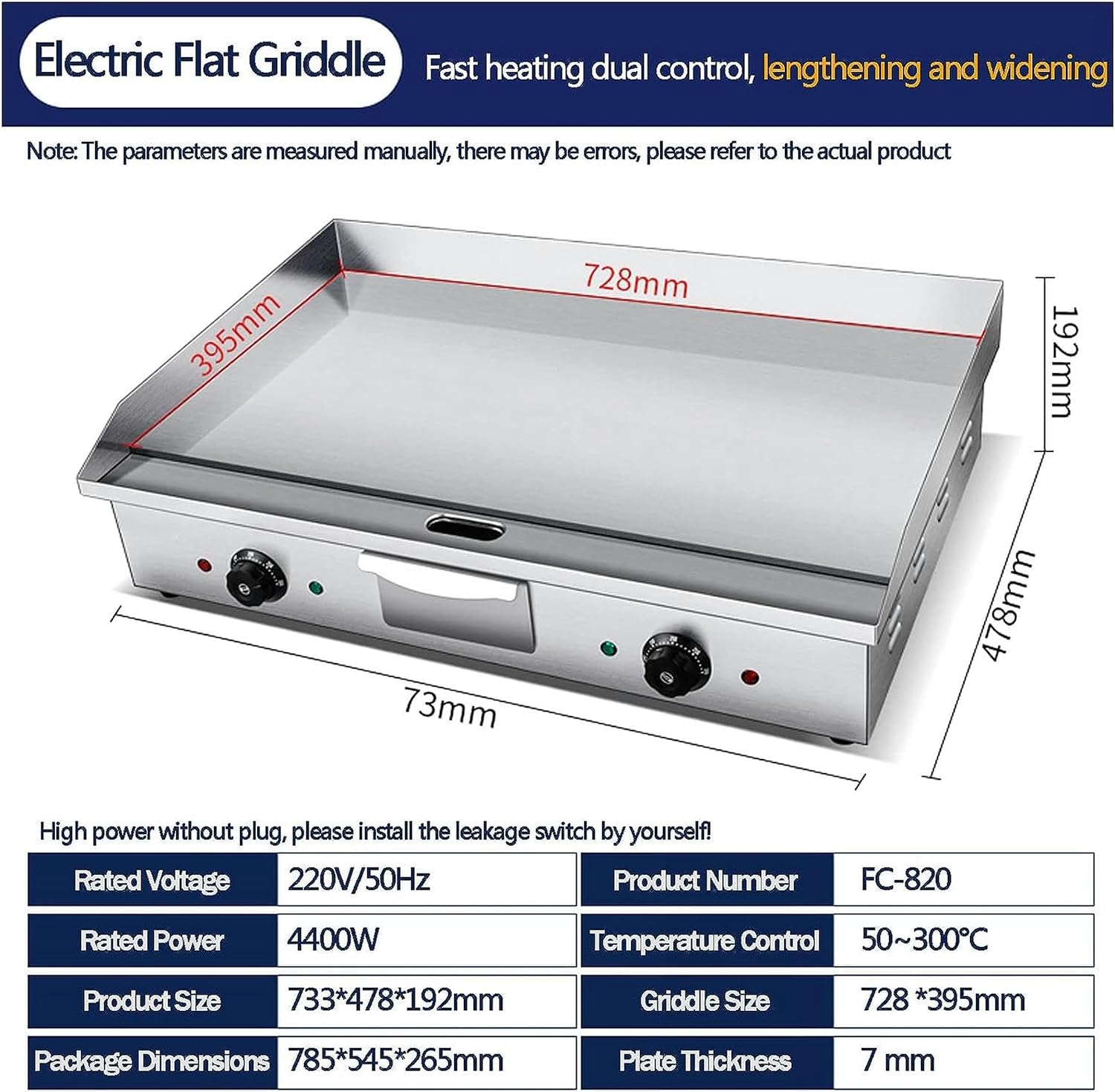 Electric Griddle, Commercial Electric Flat Top Griddle 110-220V Teppanyaki Stainless Steel Grill Adjustable Thermostatic Control, 122°F-572°F, Nonstick Countertop Hot Plate for Home Restaurant