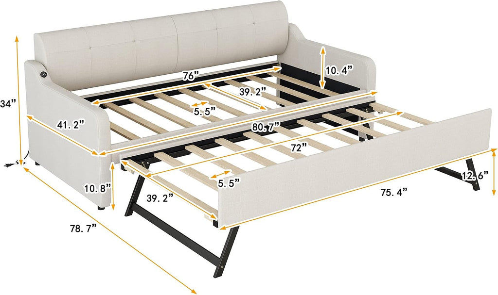 Daybed with Trundle and USB Charging Design, Twin Size Upholstery Day Bed Frame, Trundle can be Flat or erected,Beige