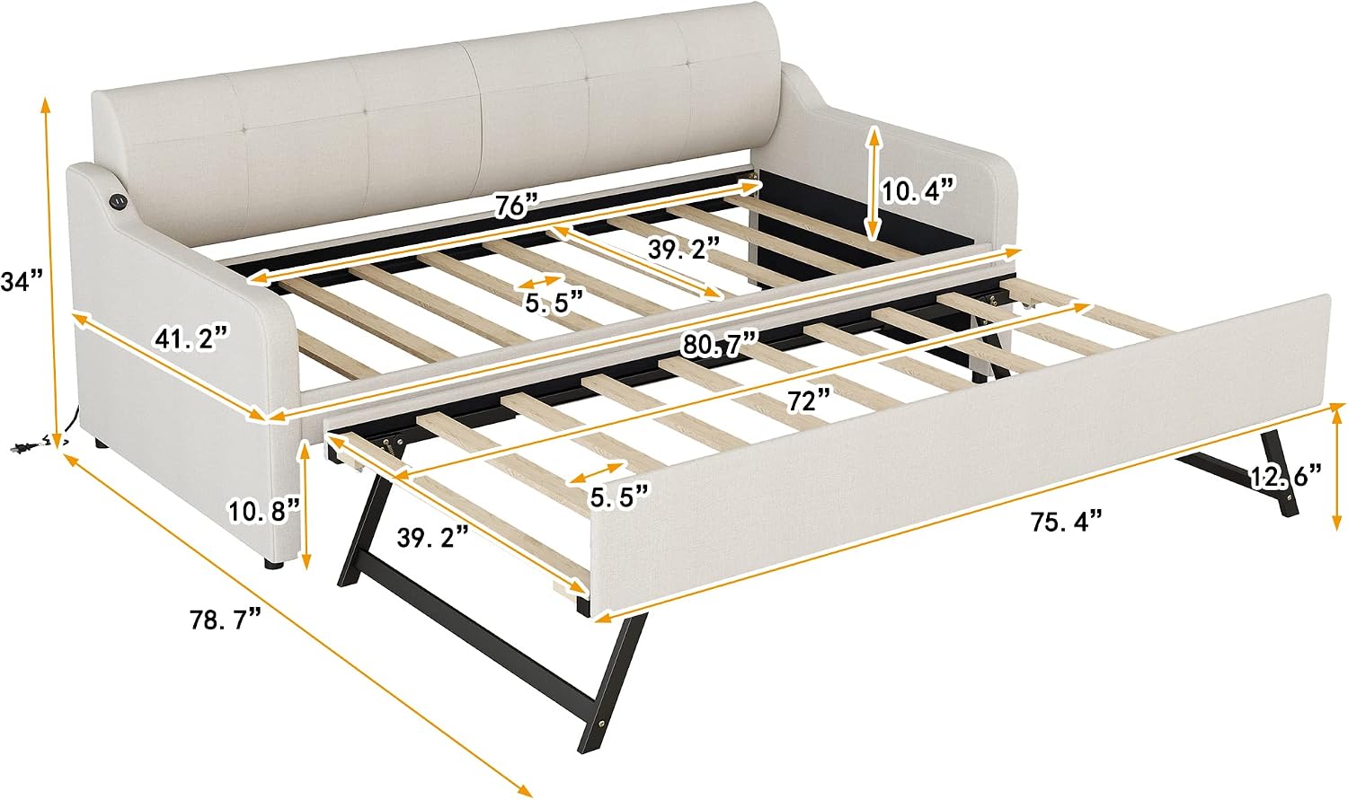 Daybed with Trundle and USB Charging Design, Twin Size Upholstery Day Bed Frame, Trundle can be Flat or erected,Beige