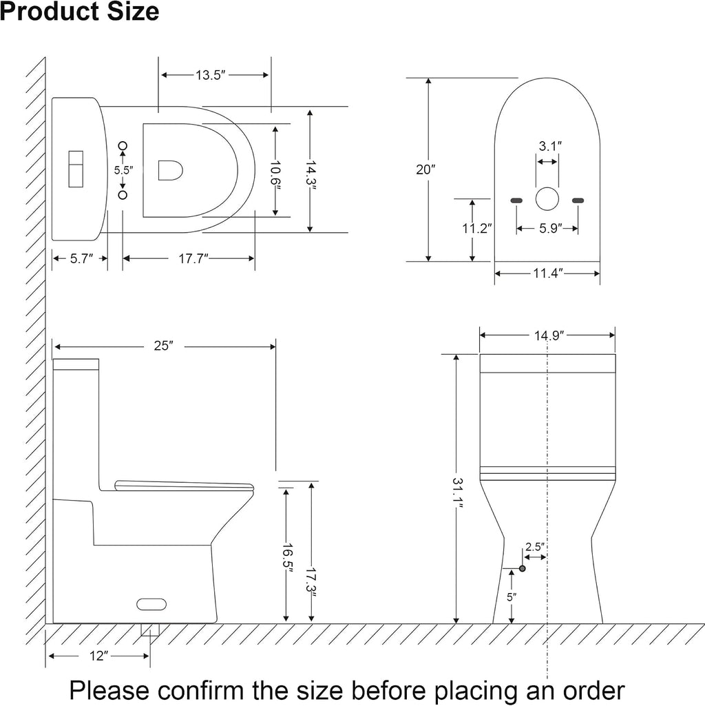 Elongated One Piece Toilet with Comfort Chair Seat ADA Height 17.3', Modern Toilets for Bathroom, Powerful Dual Flush 0.8/1.28 GPF, MAP 1000g Compact Toilet, 12' Rough-In, Standard White Toilet Bowl