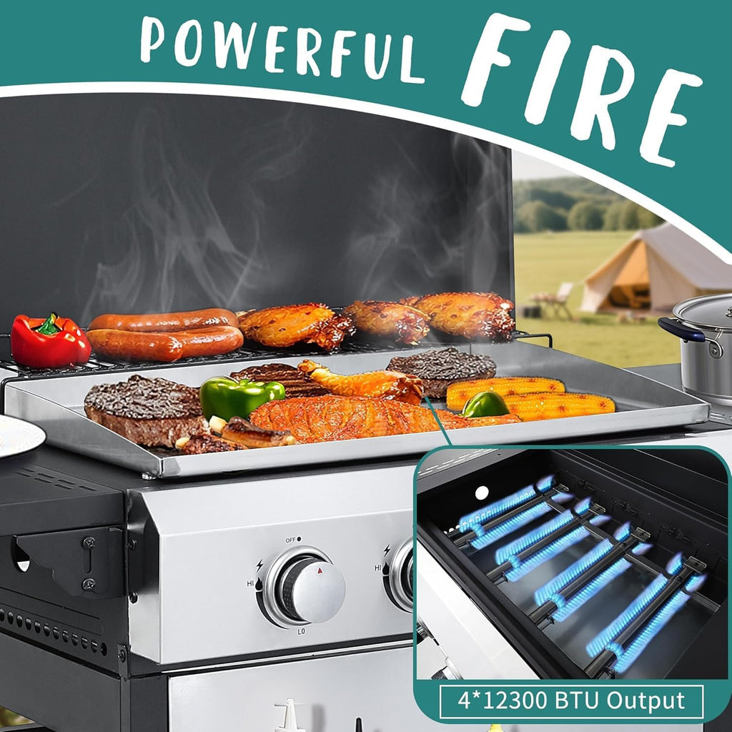 4-Burner Propane Gas Grill Griddle Combo – 40,000 BTU BBQ Grill with Lid, Stainless Steel Plancha & Cast Iron Cooking Grids, Foldable Side Tables – Outdoor Backyard