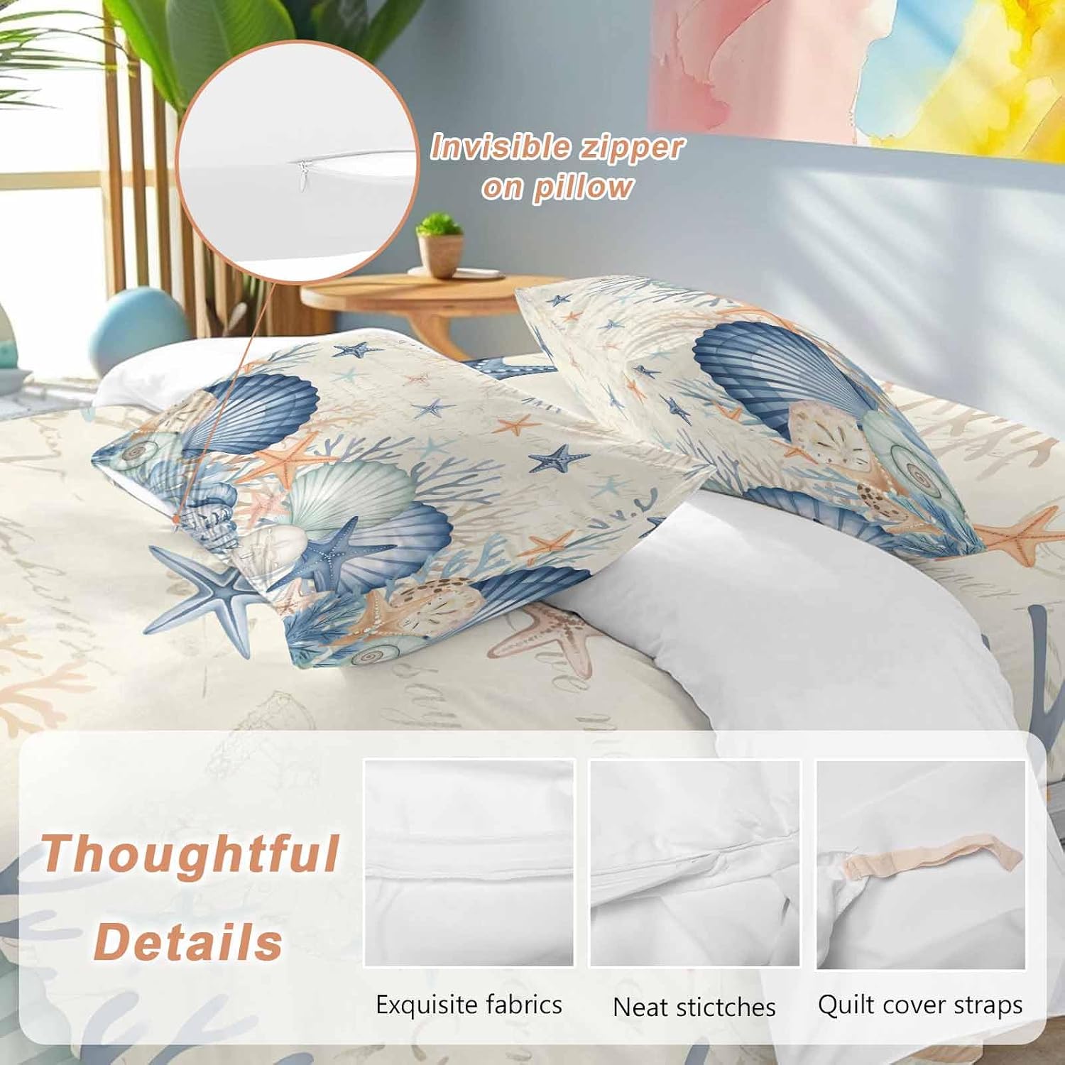 Summer Marine Life Duvet Cover Set Queen Size 4 Pieces Watercolor Starfish Ocean Shell Conch Vintage Bedding Set with Zipper Closure, 1 Comforter Cover 86x86 Inches 1 Flat Sheet & 2 Pillow Cases