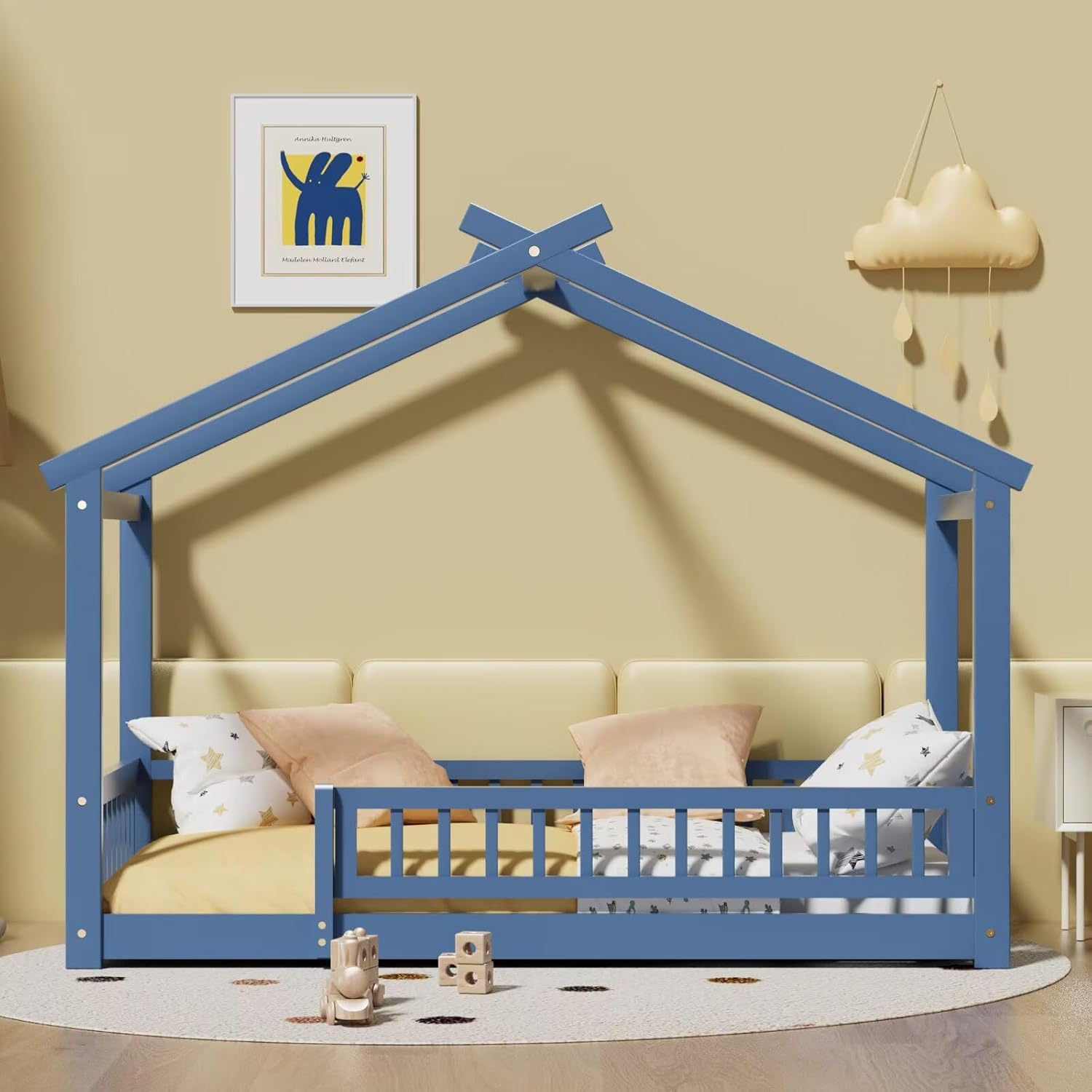 LLS Twin House Floor Bed Frame with Fence, Wooden Montessori Bed with Slats Support for Boys Girls, Mist Blue