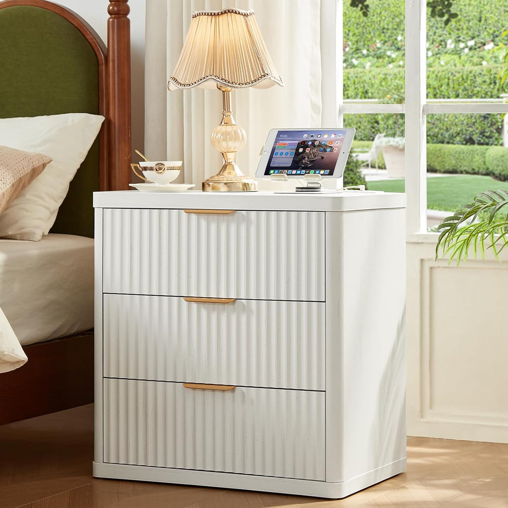 LEYAOYAO Fluted Dresser and 3 Drawers Nightstand Set of 2, Wood 48' Wide Dresser & 23' Night Stand with Charging Station, 3 Piece Bedroom Furniture Set, Chest of Drawers for Living Room,Antique White