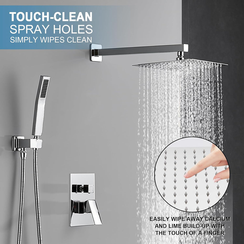 AVSIILE Shower Faucet Set with Tub Spout, Chrome Rain Shower Mixer Valve and Trim Kit System with Base Complete, Rainfall Modern Shower Head and Handheld Handle Set Combo for Bathroom, 10 Inch