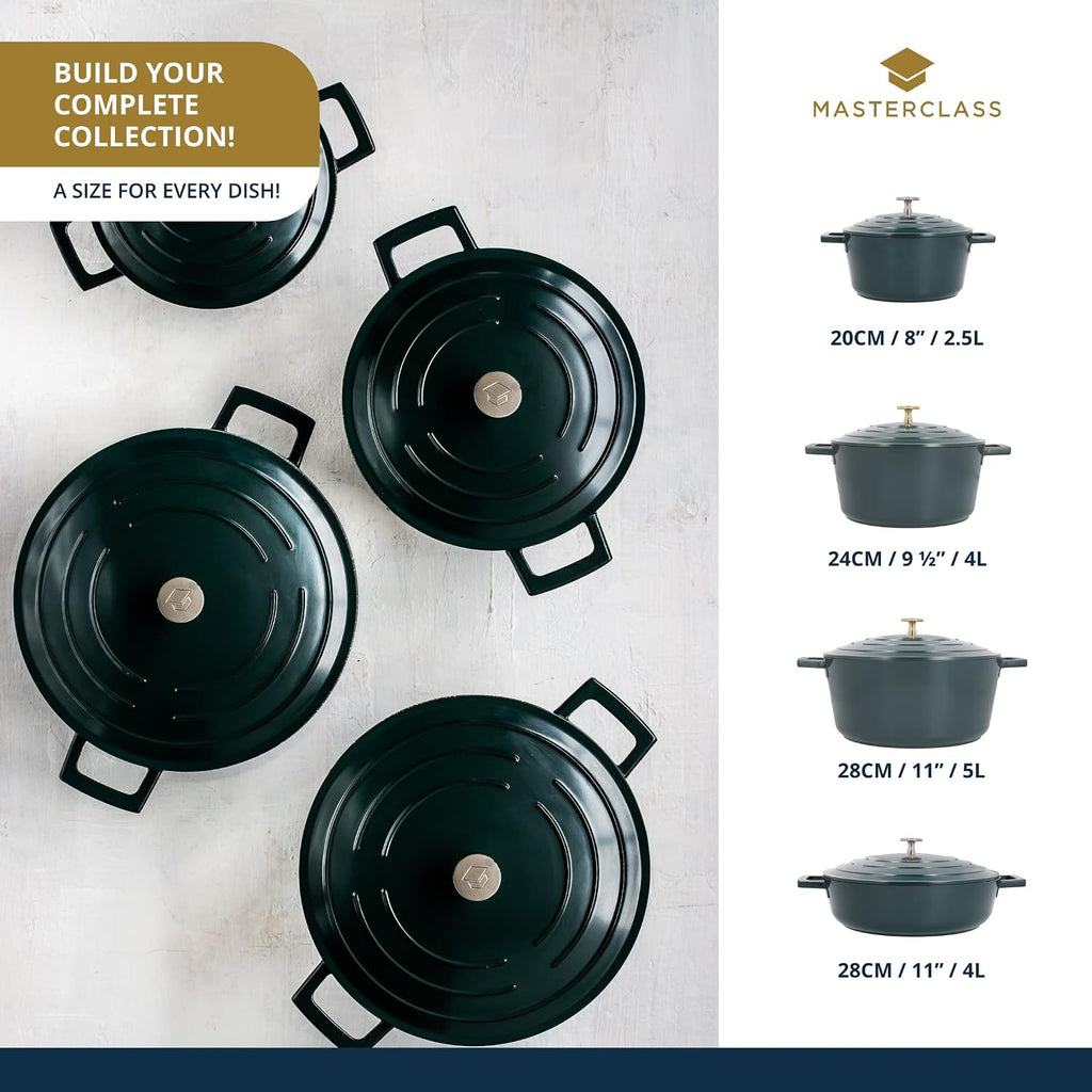 Master Class Large Casserole Dish with Lid, Lightweight Cast Aluminium, Induction Hob and Oven Safe, Hunter Green Colour, 5 Litre/28 cm