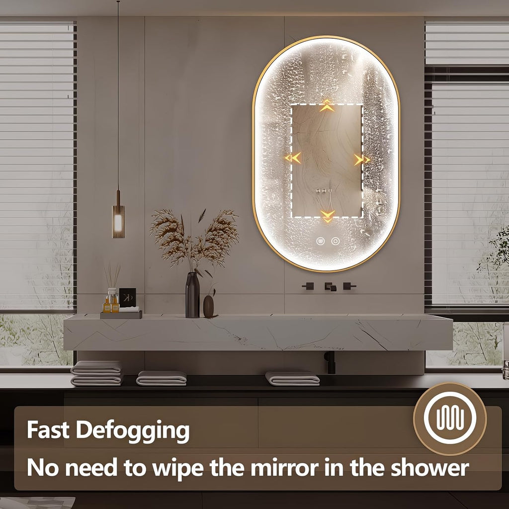 36'x24' Oval Led Mirror for Bathroom, Gold Metal Framed Lighted Vanity Mirror with Lights, Anti-Fog Light Up Mirror with 3 Colors Dimmable, Frontlit, Shatterproof, Horizontal/Vertical