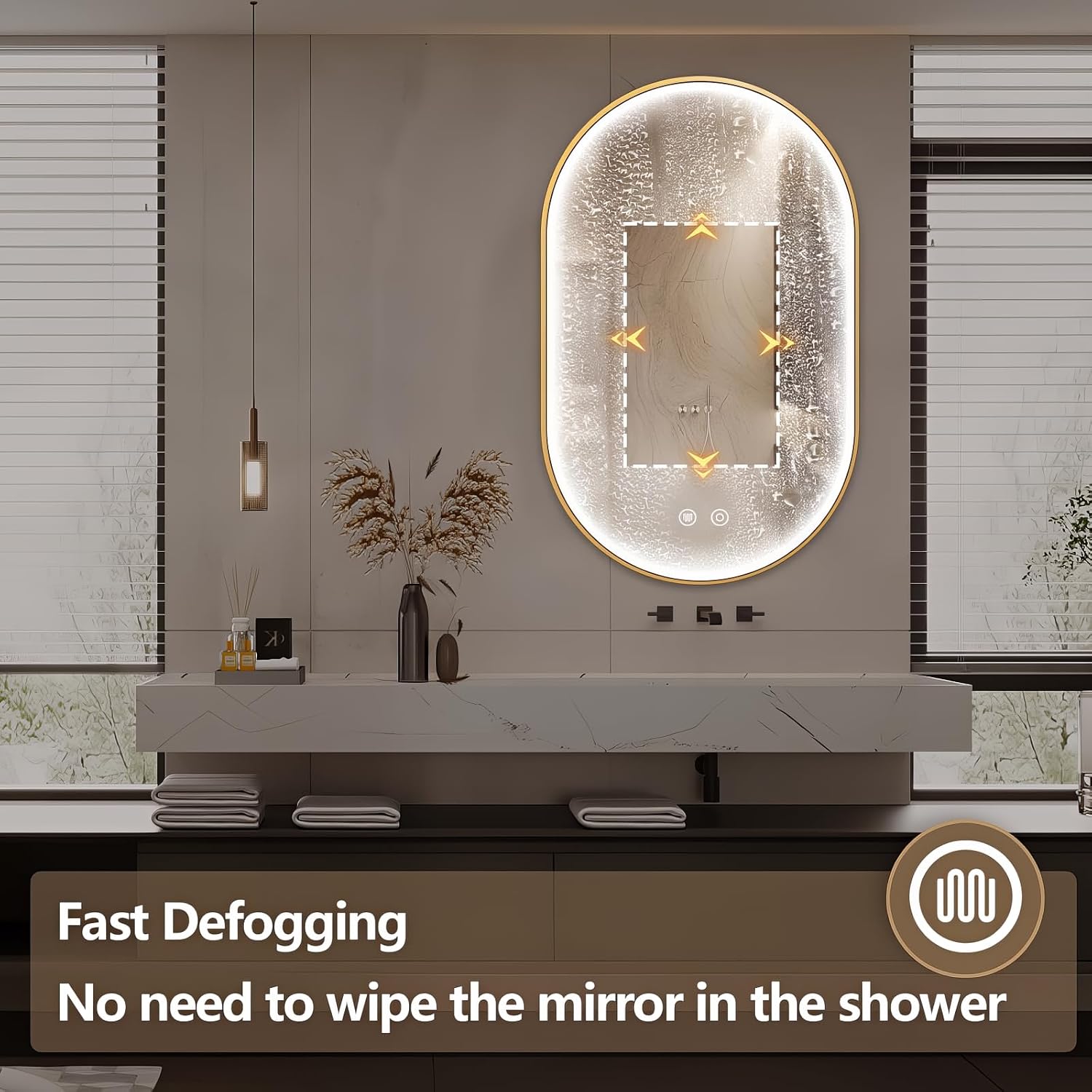 36'x24' Oval Led Mirror for Bathroom, Gold Metal Framed Lighted Vanity Mirror with Lights, Anti-Fog Light Up Mirror with 3 Colors Dimmable, Frontlit, Shatterproof, Horizontal/Vertical
