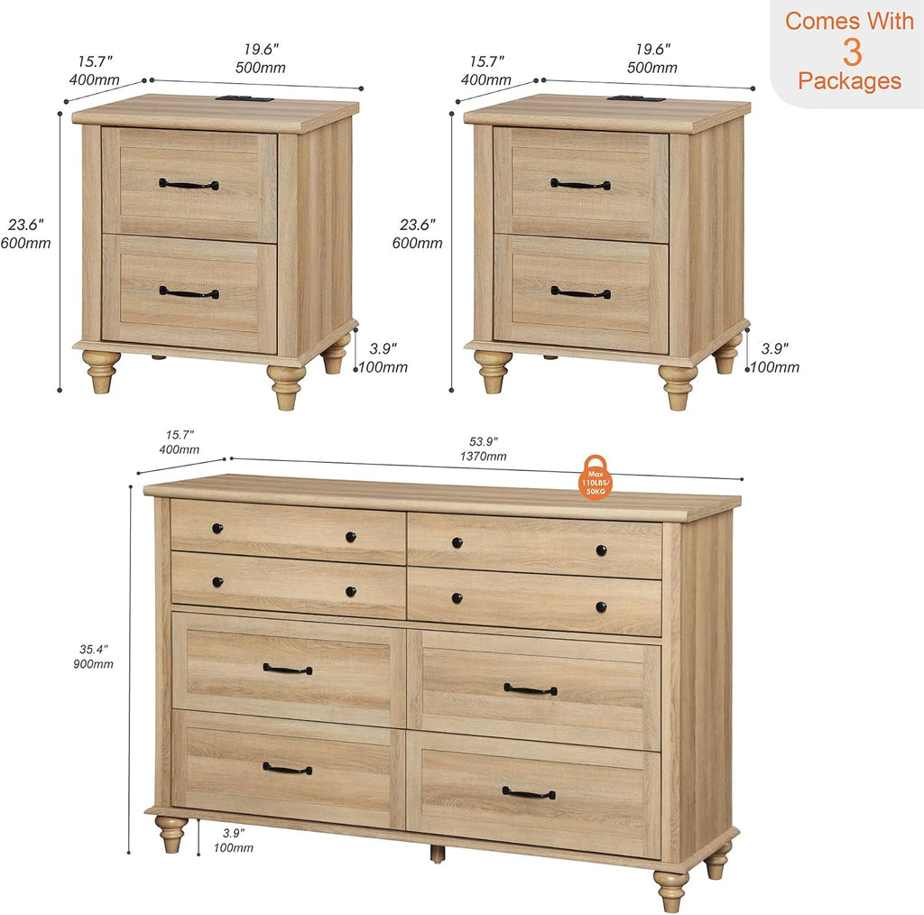 WAMPAT 3 Piece Bedroom Set - Includes 8 Drawer Dresser for Bedroom, Set of 2 Nightstands with Charging Station & Drawers, 3 Piece Dresser and Nightstand Sets, Oak