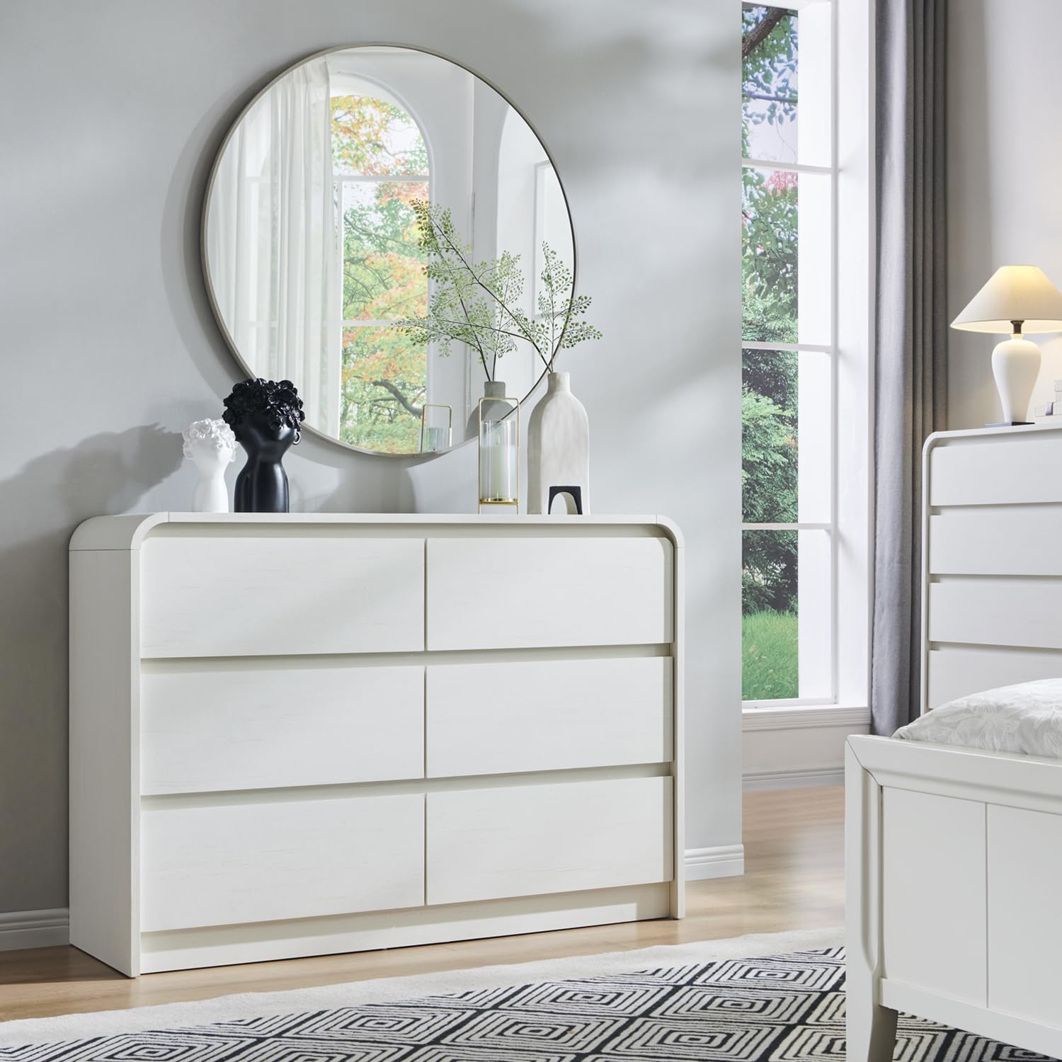 Aitjunz Modern 6 Drawers Dresser for Bedroom, 47' Wide Wood Dressers & Chests of Drawers with Curved Profile Design, Mid Century Modern Dresser for Closet for Bedroom, Living Room, Antique White