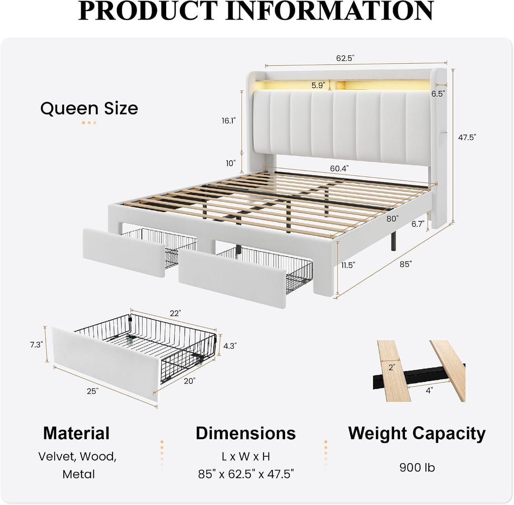 SHA CERLIN Velvet Queen Bed Frame with Vertical Channel Tufted Wingback Headboard & 2 Storage Drawers/2-Tier Shelves with LED Lights & Charging Station/Noise-Free/No Box Spring Needed/White