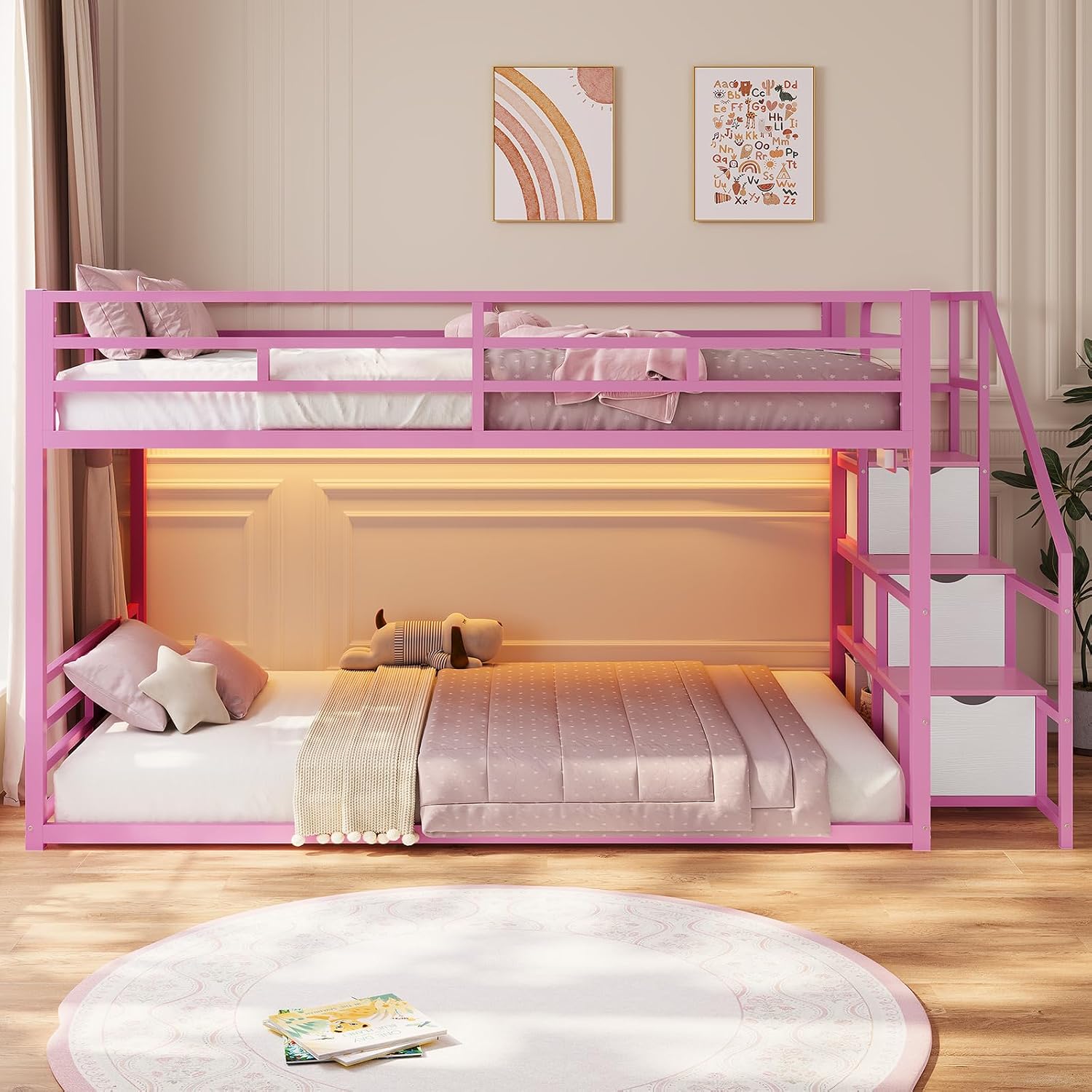 ADORNEVE Low Bunk Bed Twin Over Twin with Storage Stairs, Drawers & Shelves, RGB LED Lights Metal Floor Bunk with Power Outlet, Full-Length Guardrail & Metal Slats, for Small Space, Kids, Pink
