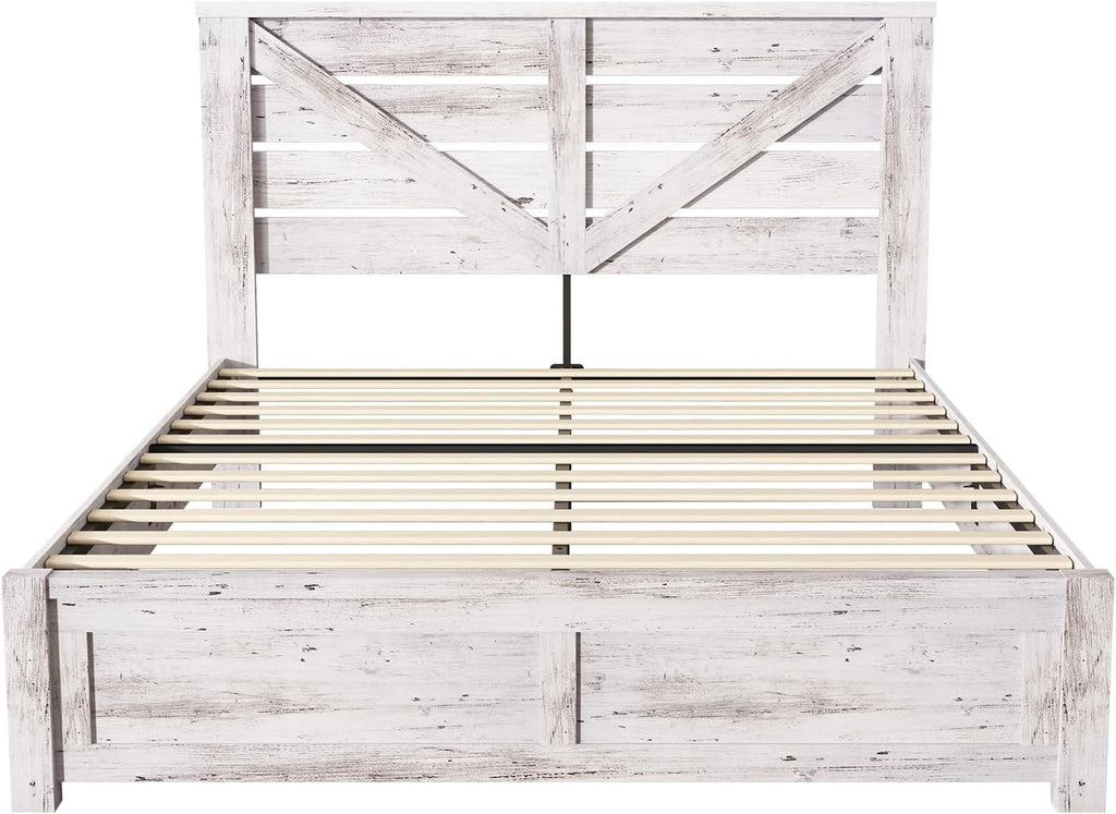 AMERLIFE Queen Size Bed Frame with 49.2' Barn Door Headboard and Footboard, Farmhouse Platform Bed Frame with Wood Slats, No Box Spring Needed, Under Bed Storage, Distressed White