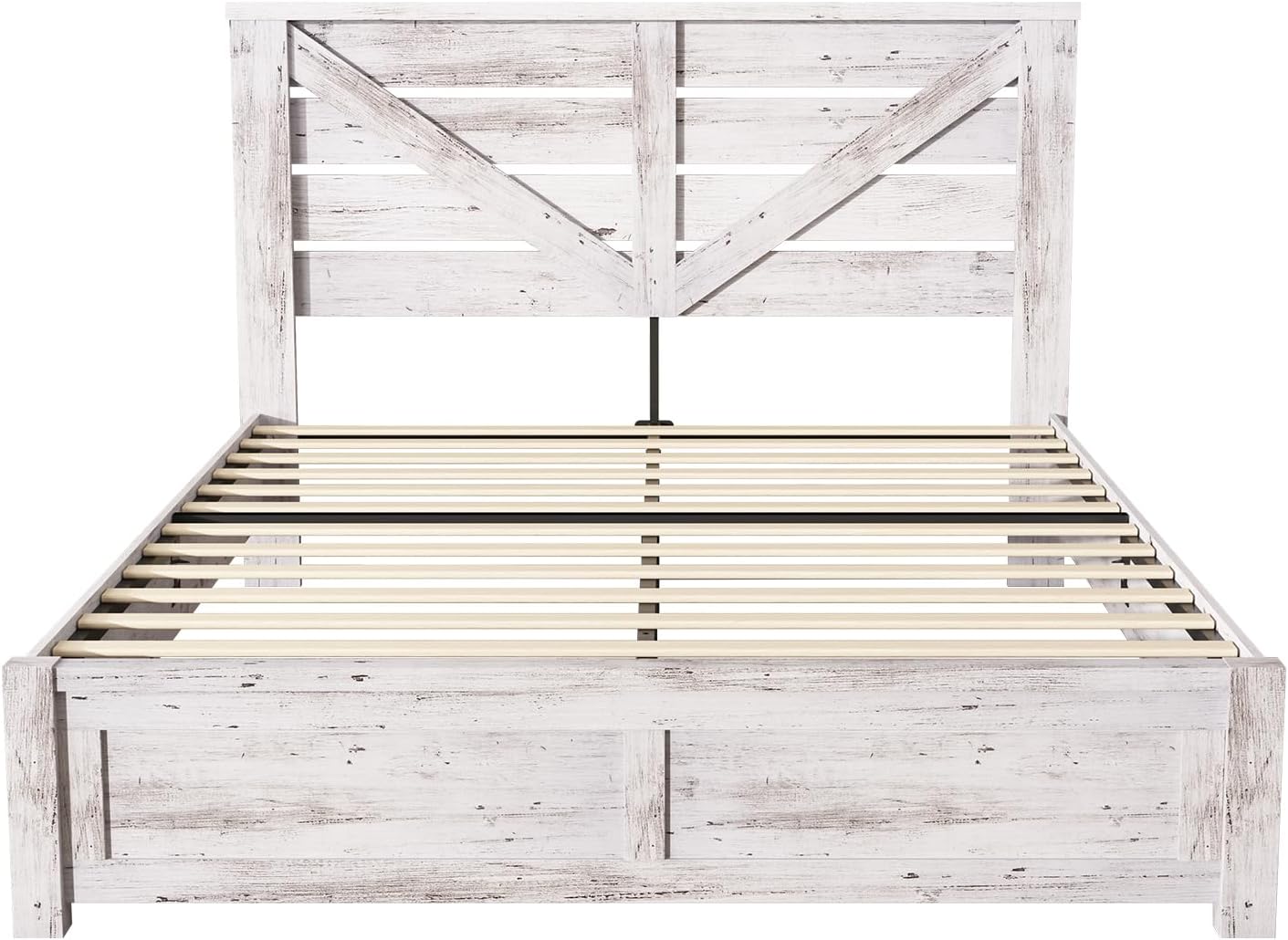 AMERLIFE Queen Size Bed Frame with 49.2' Barn Door Headboard and Footboard, Farmhouse Platform Bed Frame with Wood Slats, No Box Spring Needed, Under Bed Storage, Distressed White