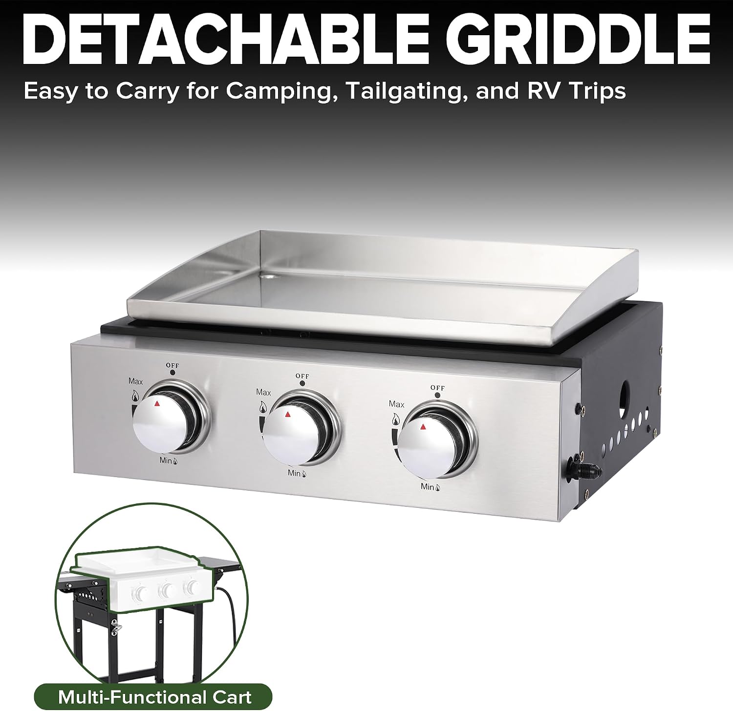 3-Burner Flat Top Grill with Folding Side Tables, Outdoor Griddle Grill with Storage Cover, 30,000 BTU Flat Grill with Stainless Steel Cooking Surface for BBQ, Camping, Tailgating