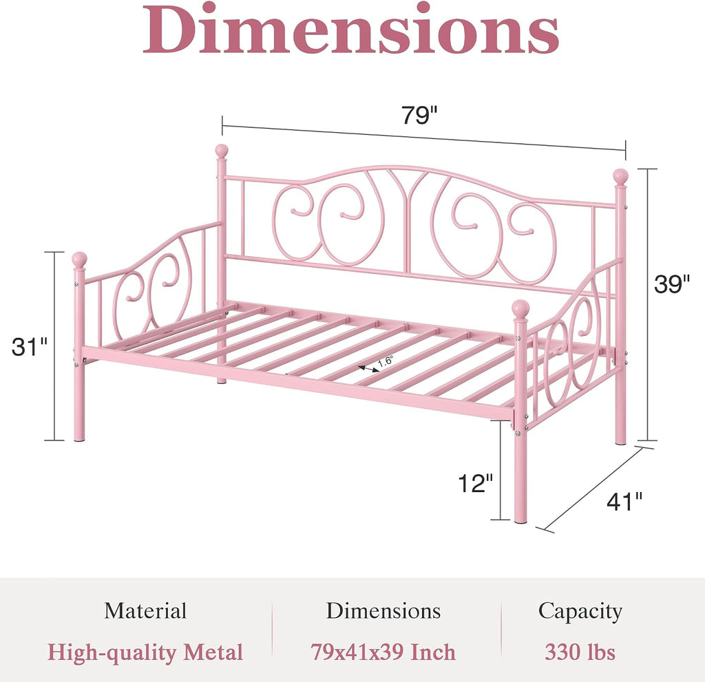 VECELO Metal Daybed Frame Multifunctional Platform Bed Sofa Mattress Foundation with Classic Headboard, Twin, Pink