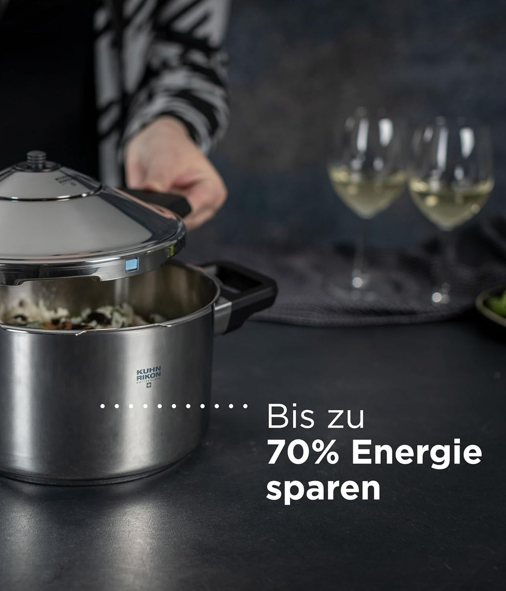 Kuhn Rikon DUROMATIC® Pressure Cooker 11' 8.45 qt family of 6 wide base for better braising, Stainless