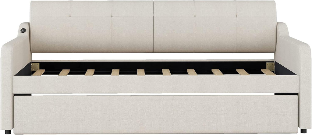 Daybed with Trundle and USB Charging Design, Twin Size Upholstery Day Bed Frame, Trundle can be Flat or erected,Beige