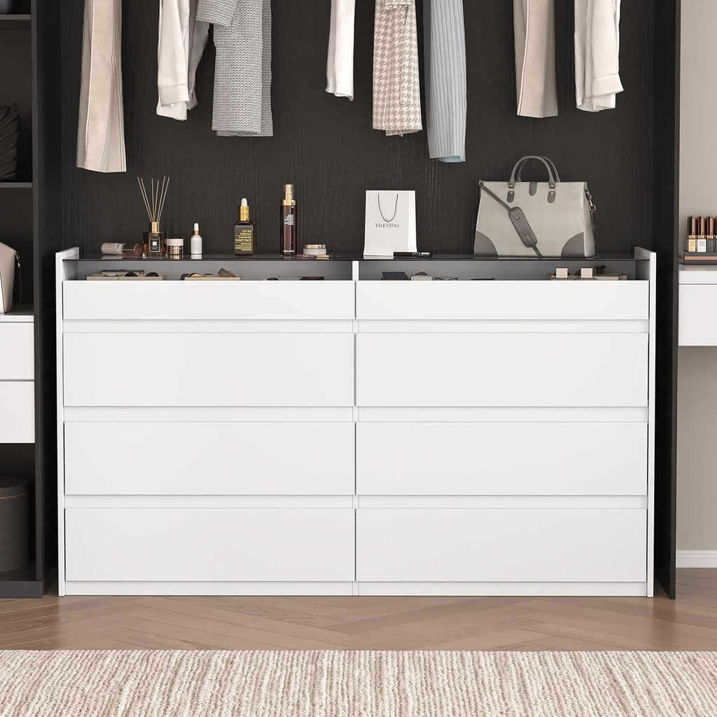 White 8 Drawer Dresser for Bedroom, Modern Chest of Drawers, Jewelry Dresser Display with Glass Top and LED Light, Dressers Organizer for Bedroom, Closet, Living Room
