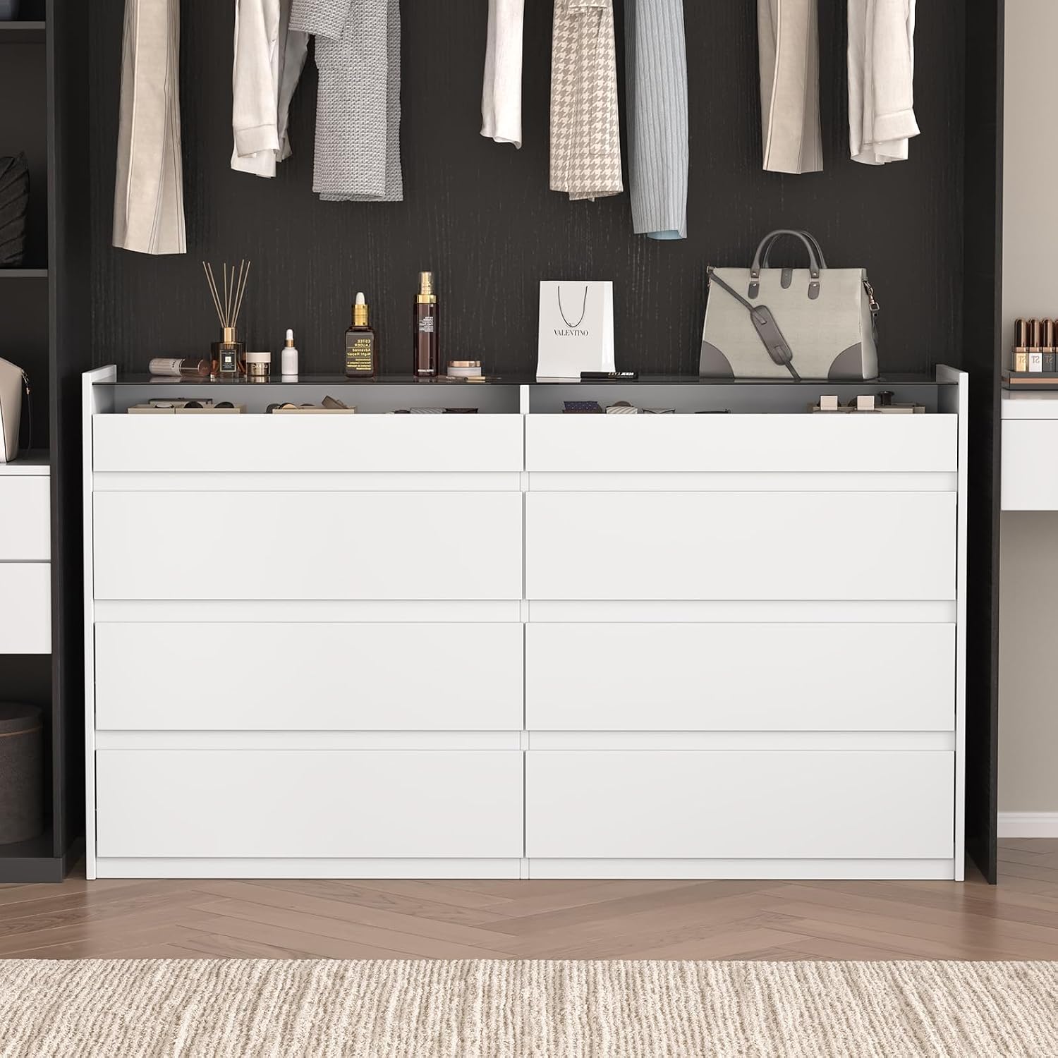 White 8 Drawer Dresser for Bedroom, Modern Chest of Drawers, Jewelry Dresser Display with Glass Top and LED Light, Dressers Organizer for Bedroom, Closet, Living Room