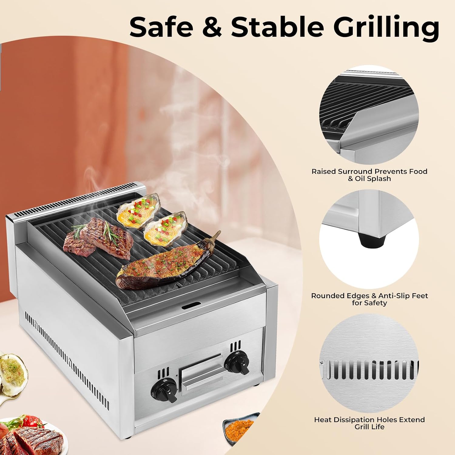 21' Gas Grill, 60TU/hr Commercial Countertop Gas Grill 2 Burner Gas Propane Flattop BBQ Stove Natural/Propane gas Radiant Char Broiler Grill with Adjustable Temperature for Garden Patio