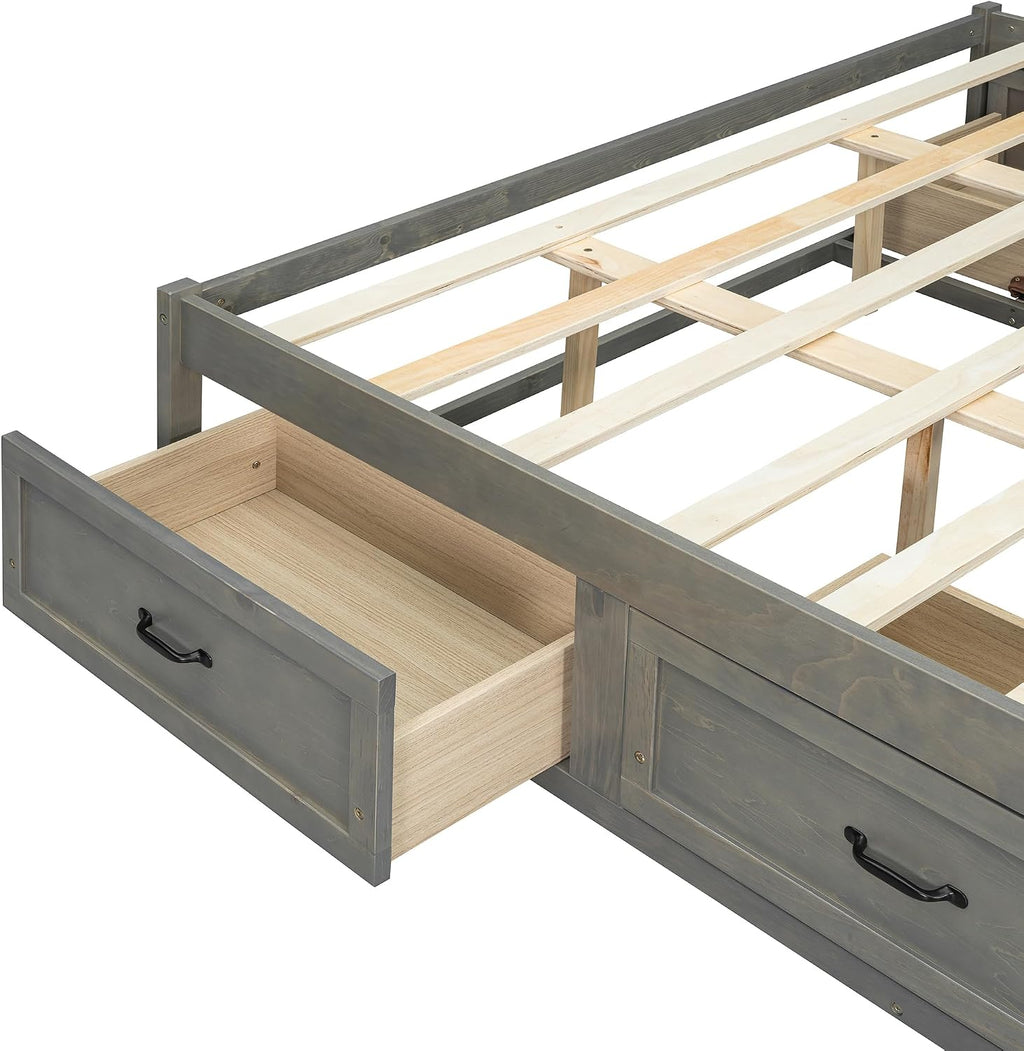SOFTSEA Queen Size Bed Frame with 6 Storage Drawers, Wood Platform Bed Frame No Headboard with Support Slats, Farmhosue Platform Bed with Drawers, No Box Spring Needed, Easy Assembly, Antique Gray