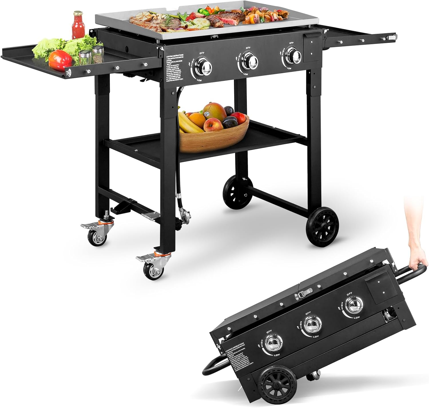 Foldable 3-Burner Flat Top Gas Griddle Cooking Station Propane Fuelled Griddle Station with Side Shelves for Outdoor Barbecue Backyard Cookout