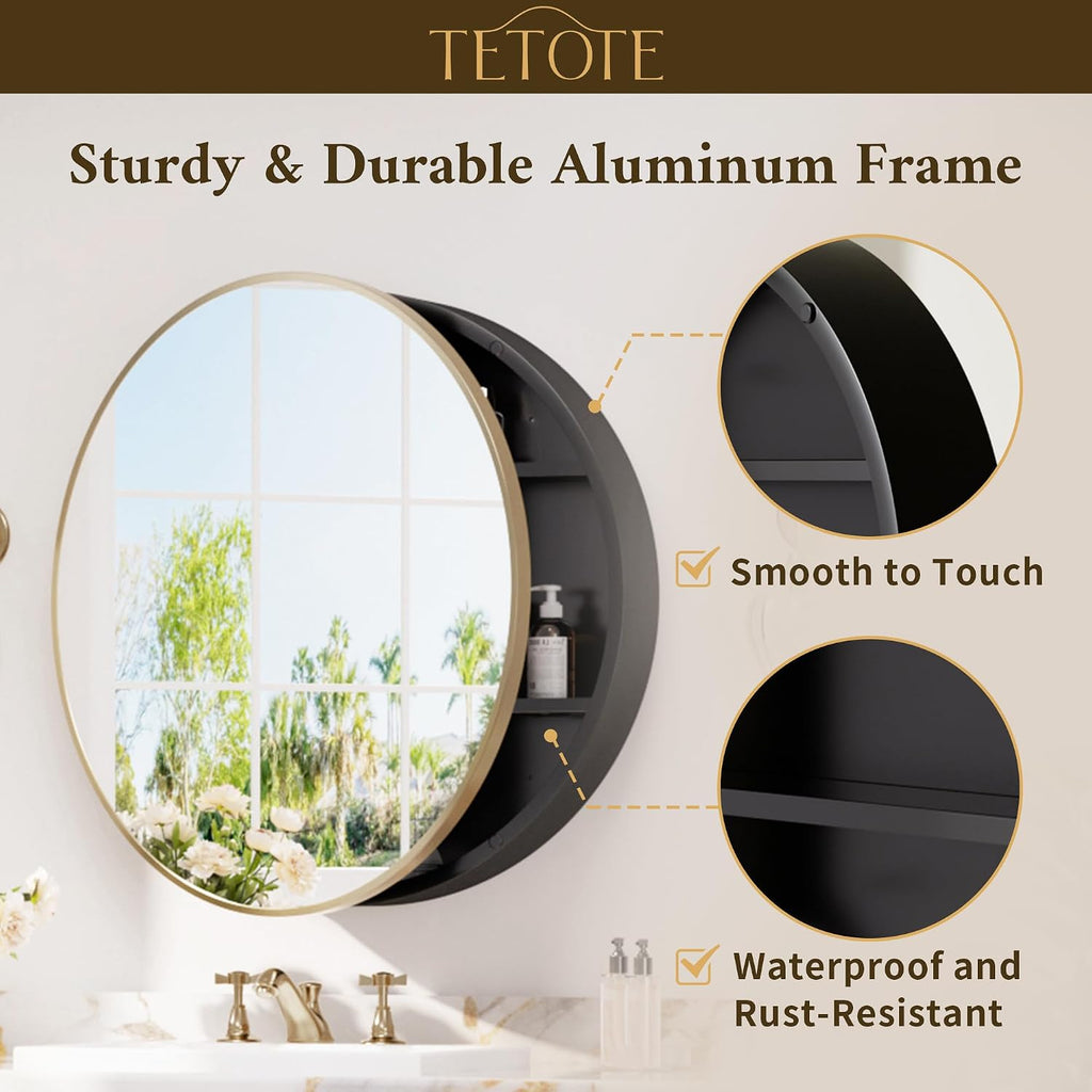 TETOTE Gold Medicine Cabinet with Mirror Round Medicine Cabinets Mirror for Bathroom 28 x 28 Adjustable Shelves Modern Bathroom Organizer with Shelves Wall Mounted