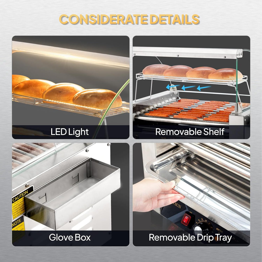 ROVSUN Hot Dog Roller, 30 Hot Dog 11 Rollers ETL Certified, Hot Dog Machine Sausage Grill Cooker with Dual Temp Control, Glass Cover, LED, Side Storage Box, Shelf & Drip Tray for Home Commercial 1650W