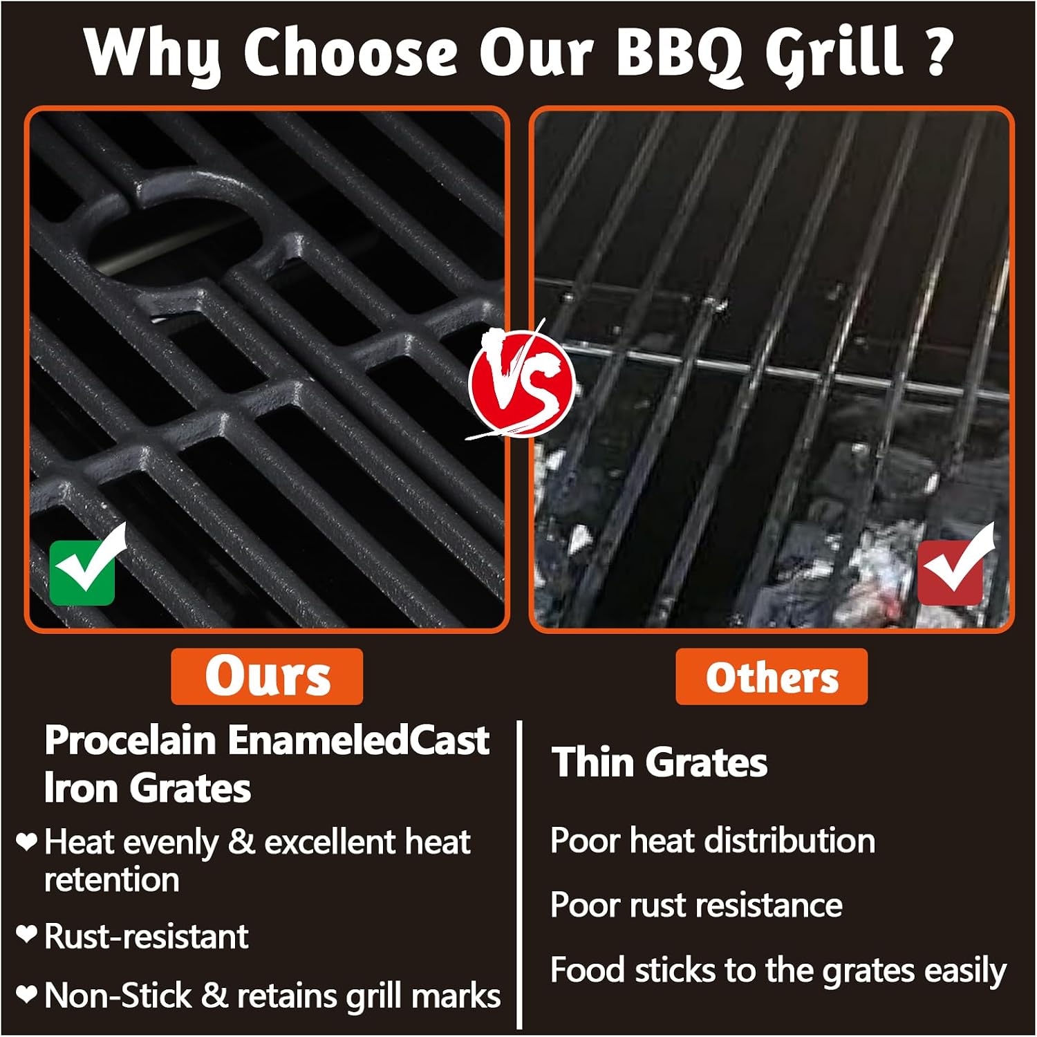 Gas and Charcoal Grill Combo, 3 Burner Gas Grill with Side Burner & Enameled Cast Iron Cooking Grids, 37230 Btu Stainless Steel Burner Barbecue Grills for Patio, Camping, 504 SQIN Cook Area