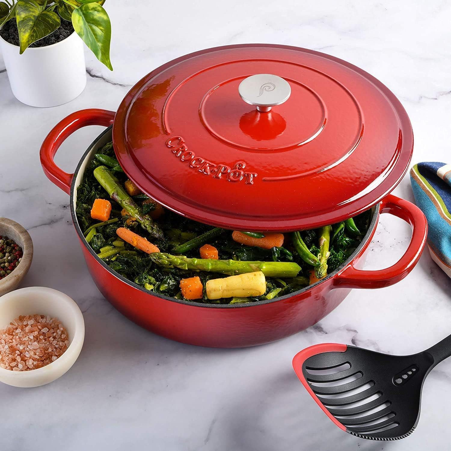 5 Quart Enameled Cast Iron Braiser Pan with Self-Basting Lid – Round Dutch Oven Casserole Dish for Roasting, Simmering & Baking – Oven Safe with Large Handles for Easy Lifting (Red)