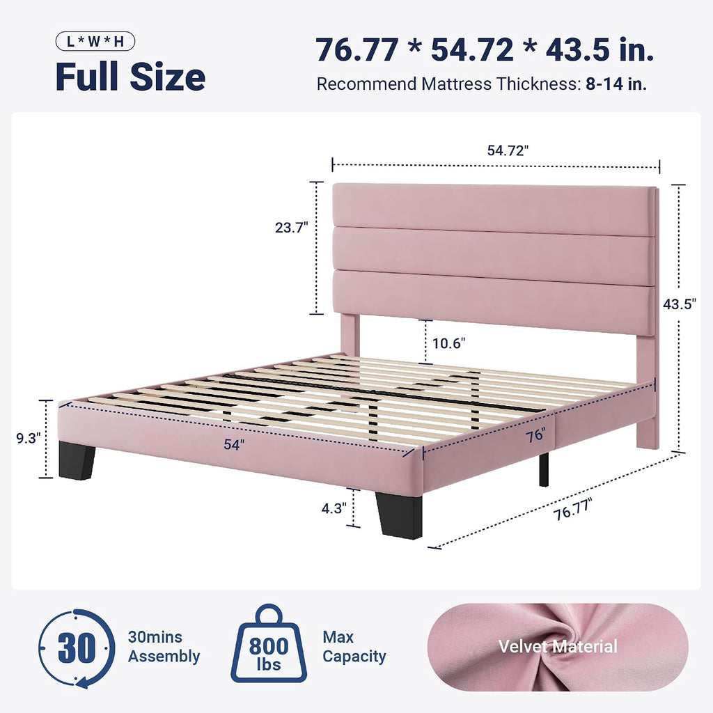 Allewie Full Size Platform Bed Frame with Velvet Upholstered Headboard and Wooden Slats Support, Fully Upholstered Mattress Foundation/No Box Spring Needed/Easy Assembly, Pink