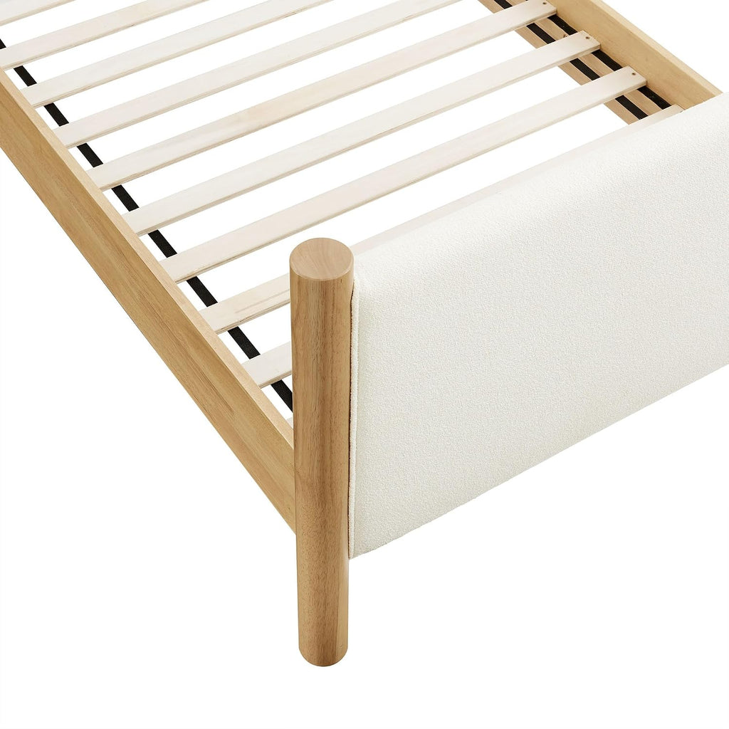 Modway Maven Twin Size Bed Frame in Feather Oak with Upholstered Boucle Headboard and Footboard – Wood Twin Platform Bed Frame – No Box Spring Needed
