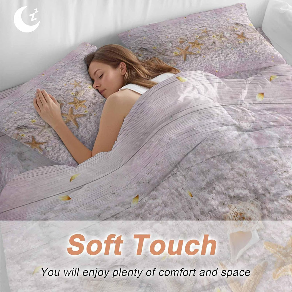 Summer Marine Life Duvet Cover Set Queen Size 4 Pieces Ocean Starfish Conch Shell Beach Pink Wood Grain Bedding Set with Zipper Closure, 1 Comforter Cover 92x106 Inches 1 Flat Sheet & 2 Pillow Cases